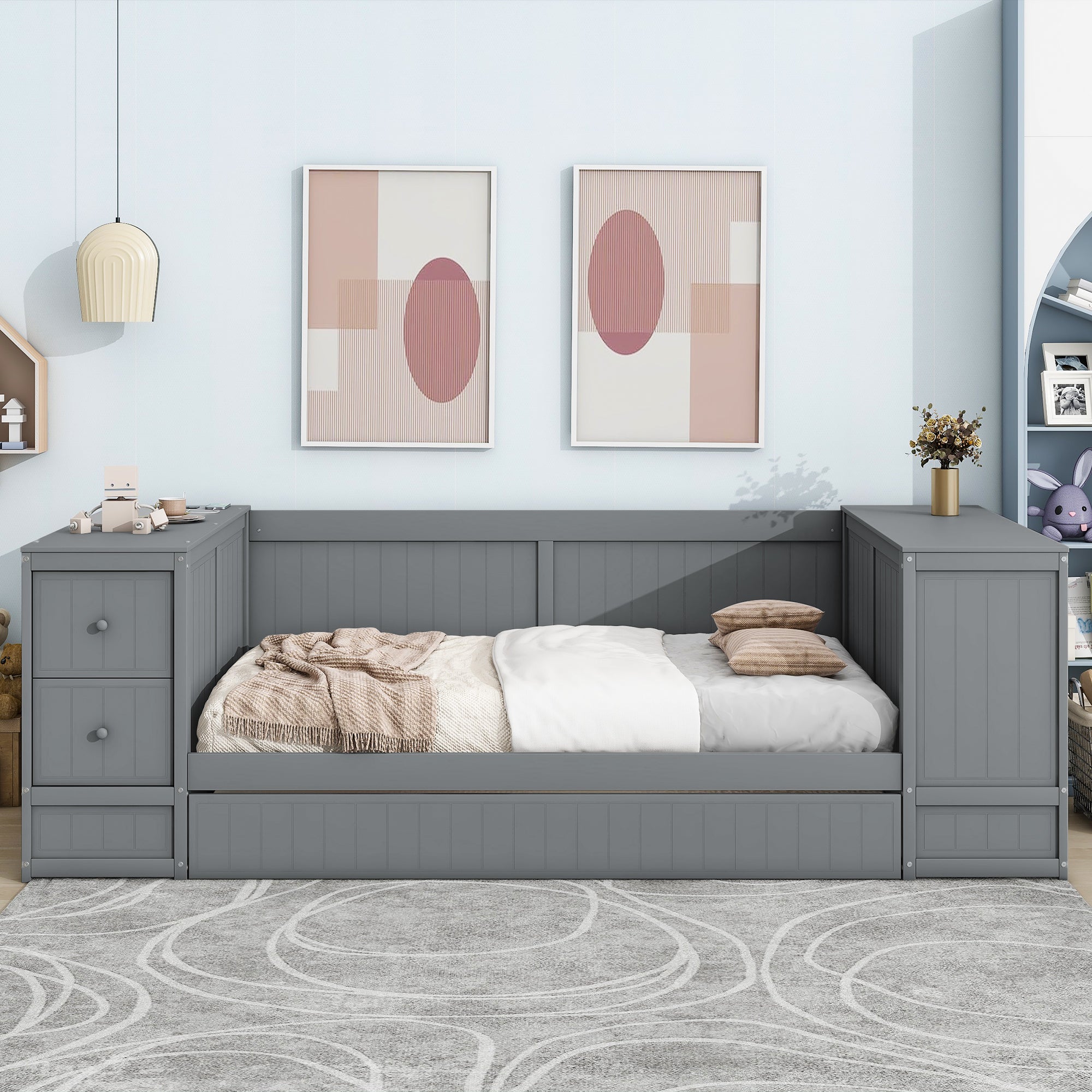 Twin Size Daybed with Storage Arms, Trundle and Charging Station