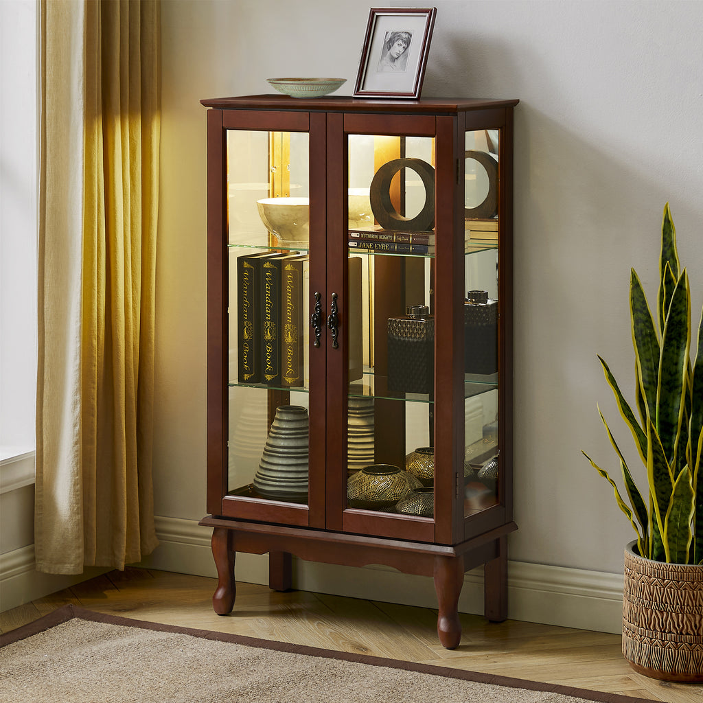 Lighted Curio Cabinet with Adjustable Shelves and Mirrored Back Panel