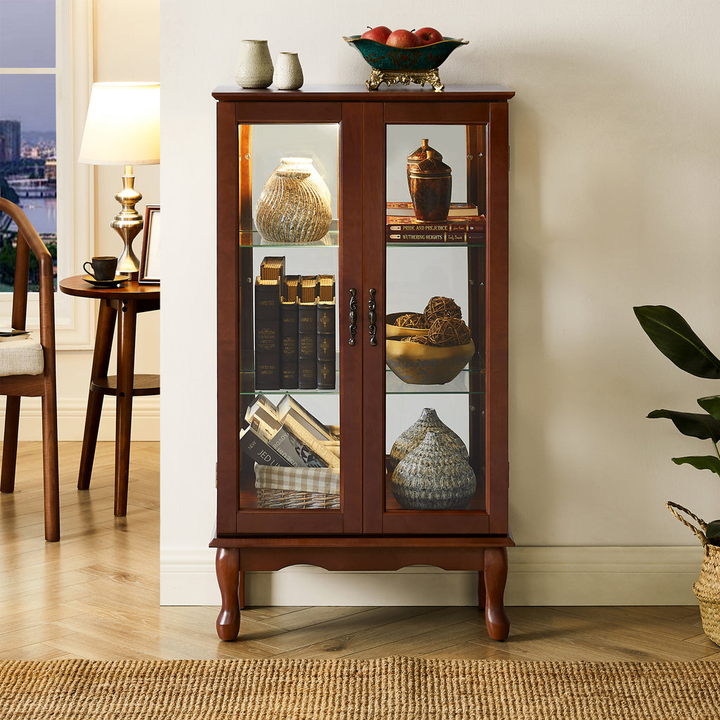Lighted Curio Cabinet with Adjustable Shelves and Mirrored Back Panel
