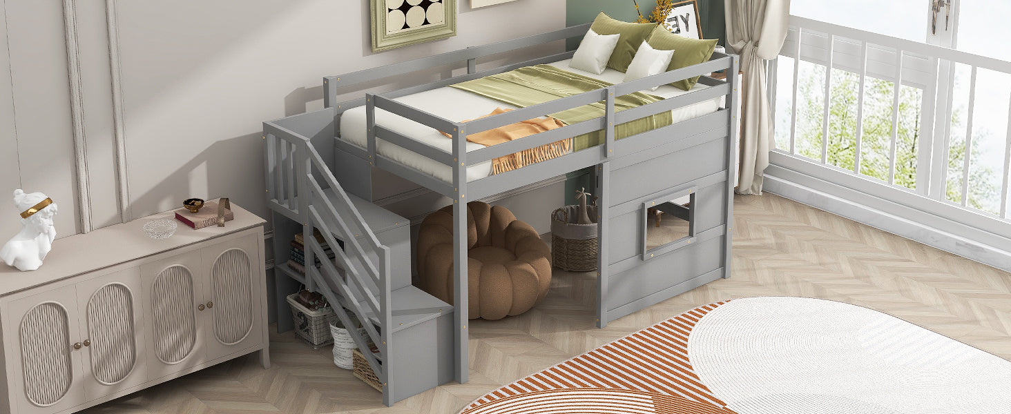 Twin Size Loft Bed with Storage Staircase and Window