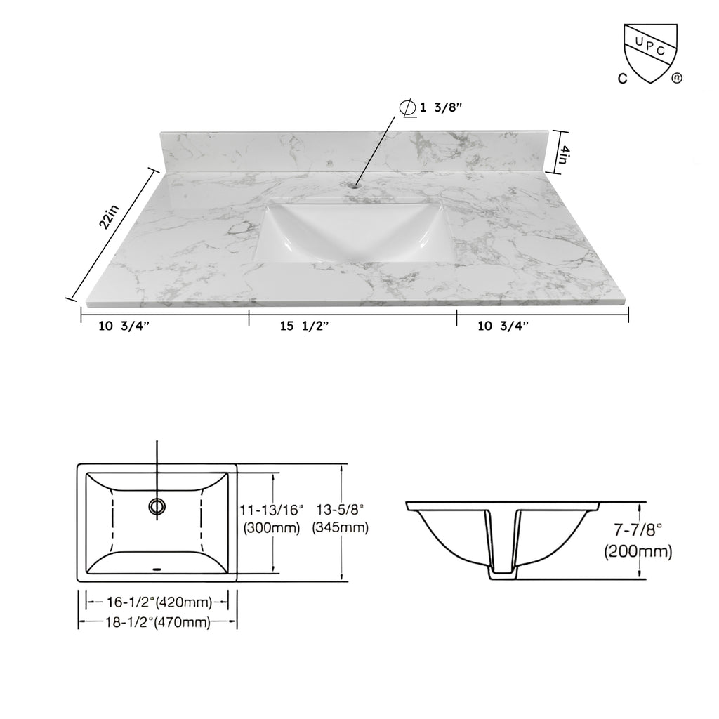 Montary 37-Inch Bathroom Vanity Top in Stone Carrara