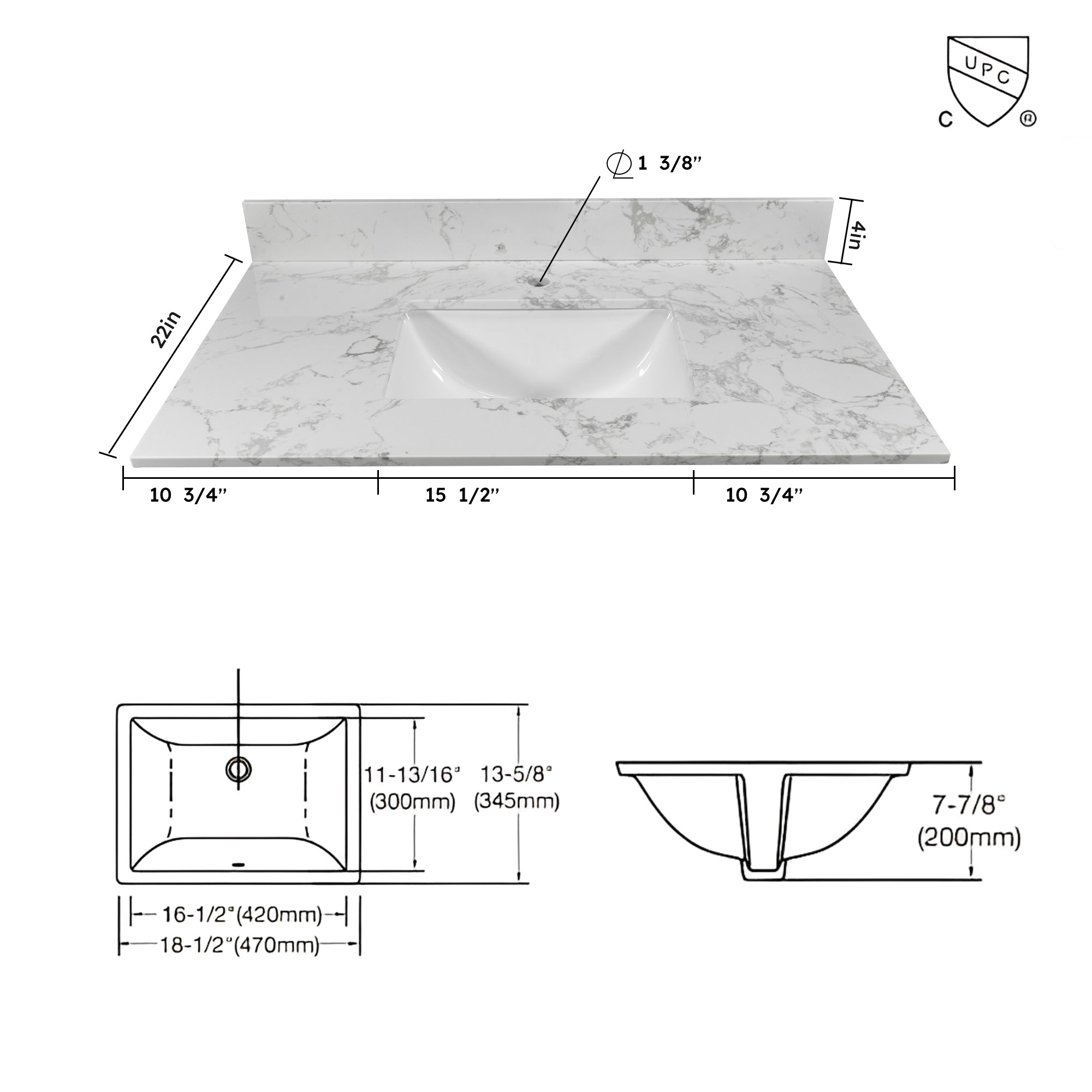 Montary 37-Inch Bathroom Vanity Top in Stone Carrara