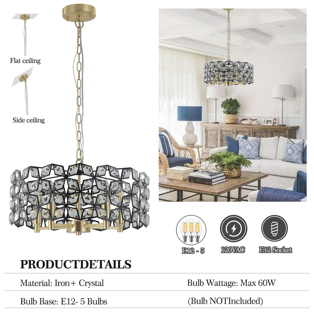 19" Geometric Crystal and BlackGold Round Pendant Chandelier