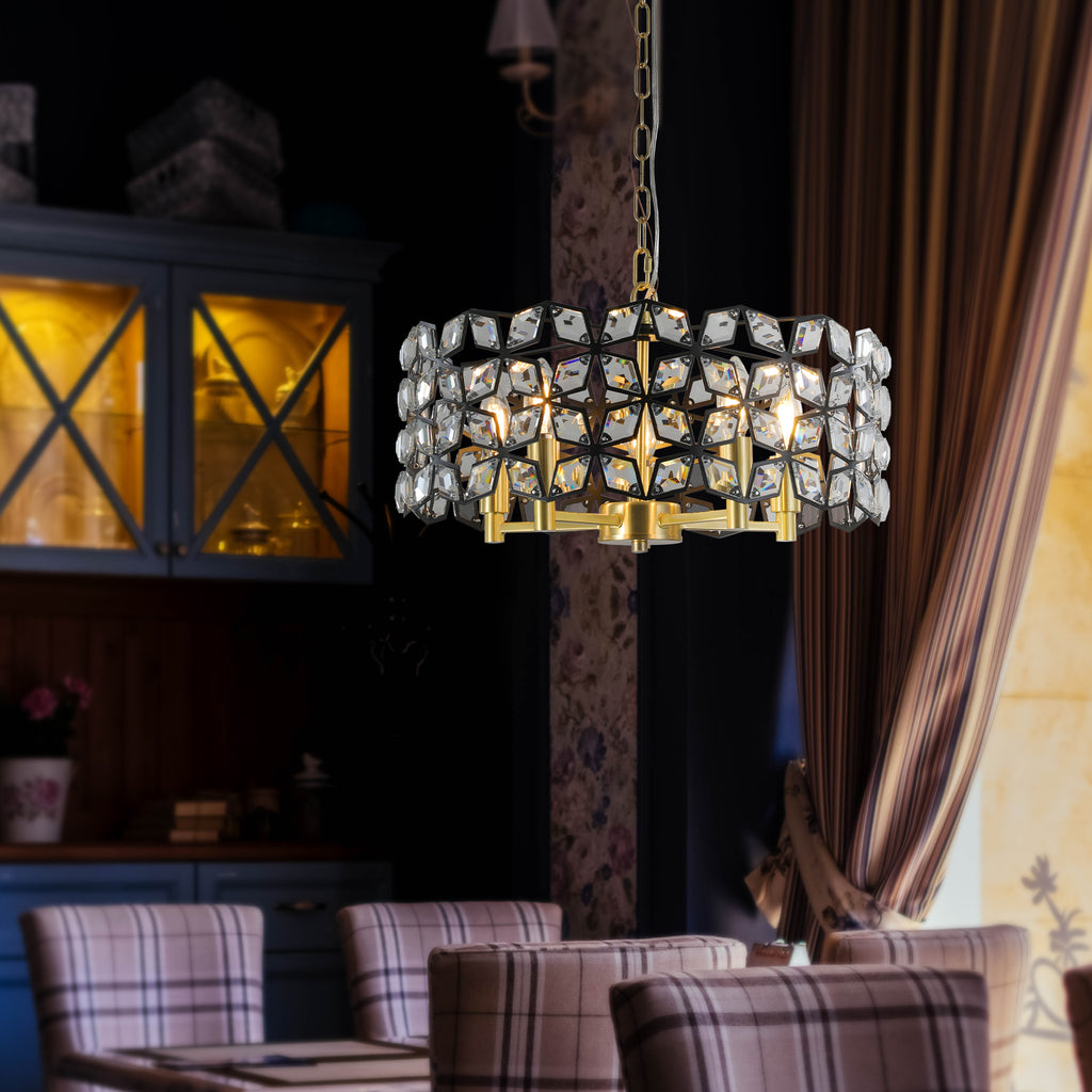 19" Geometric Crystal and BlackGold Round Pendant Chandelier