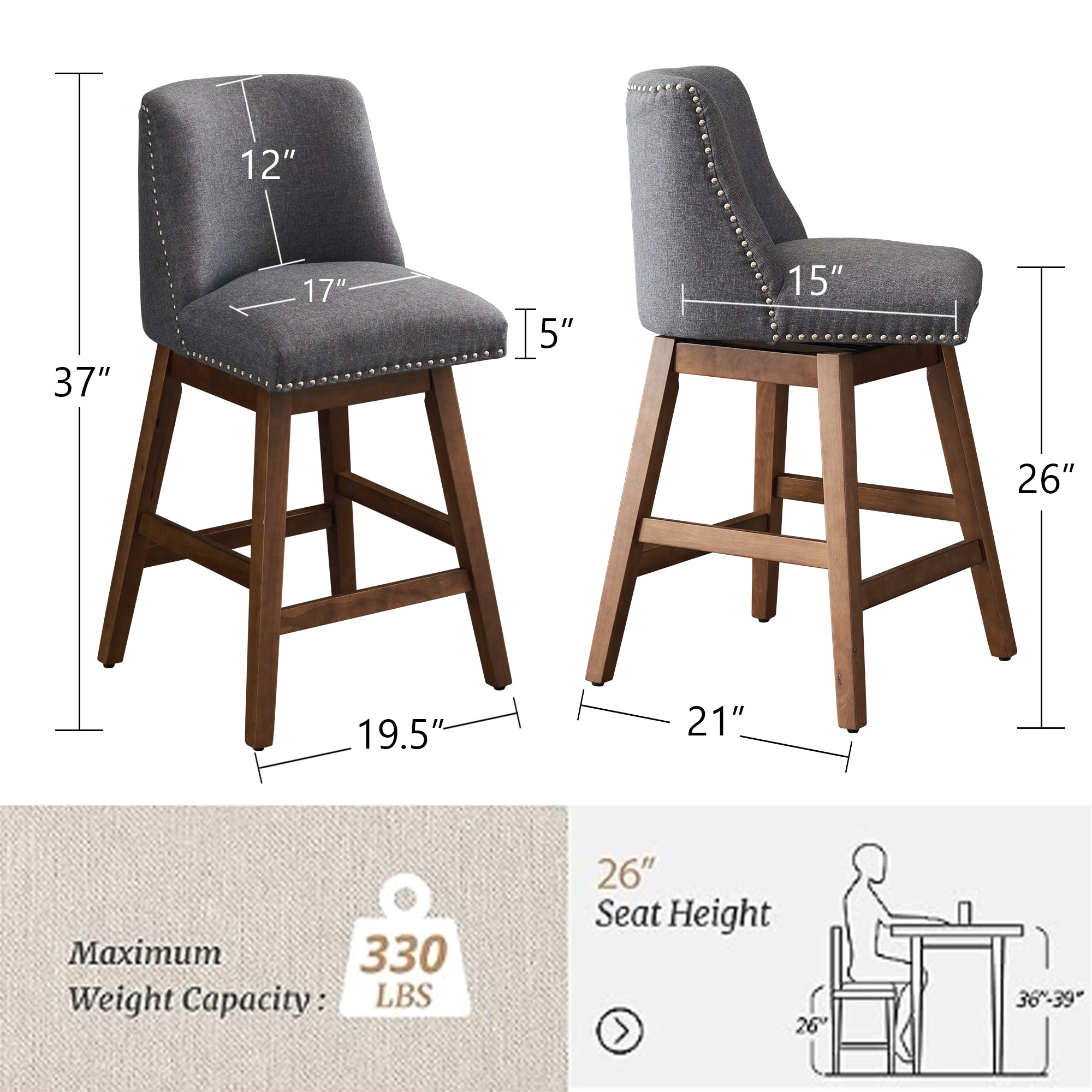 Upholstered Swivel Bar Stools Set of 2, 26" Counter Height