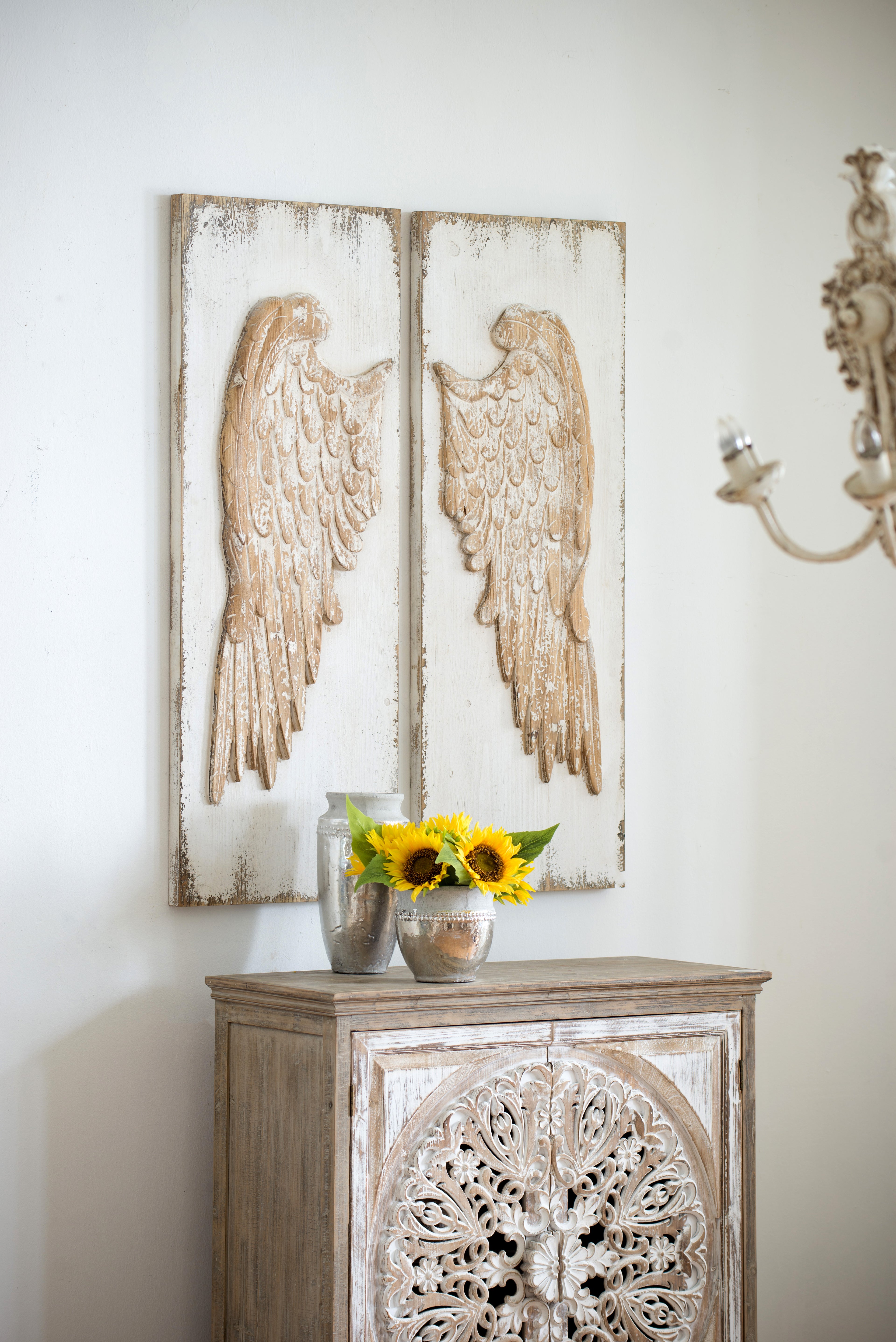 Set of 2 Feather Wing Wall Panels with Distressed Finish