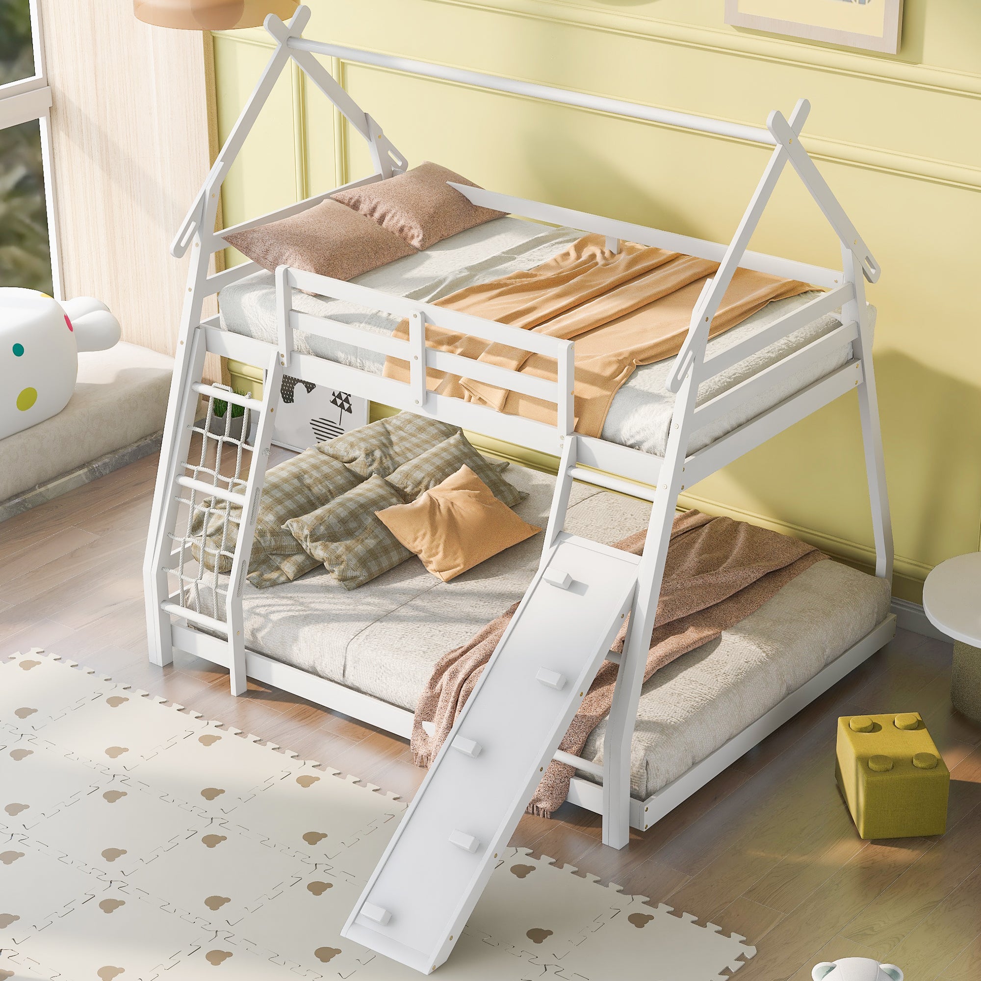 Twin Over Queen House Bunk Bed with Climbing Nets and Climbing Ramp