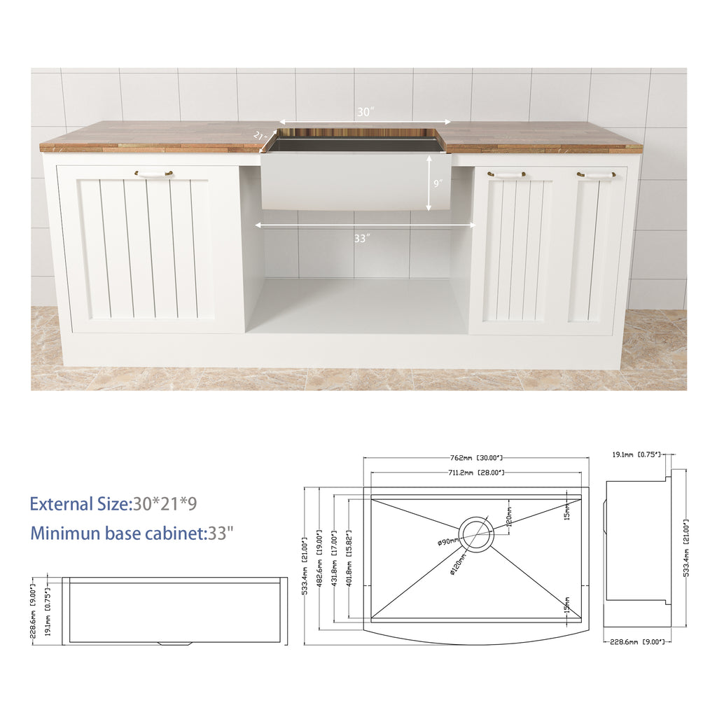30 Farmhouse Sink Workstation - Stainless Steel Kitchen Sink