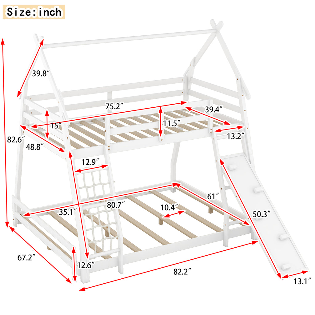 Twin Over Queen House Bunk Bed with Climbing Nets and Climbing Ramp