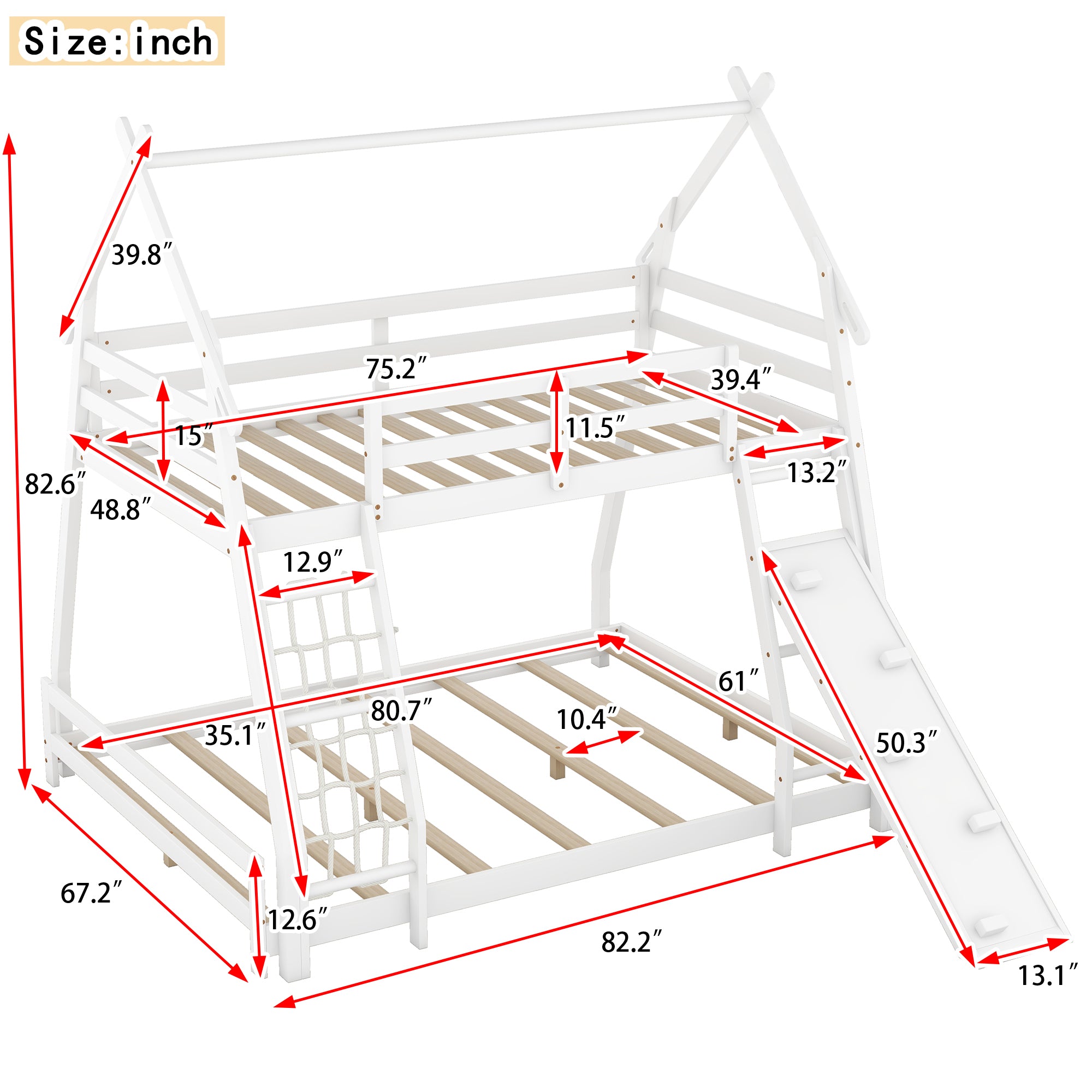 Twin Over Queen House Bunk Bed with Climbing Nets and Climbing Ramp