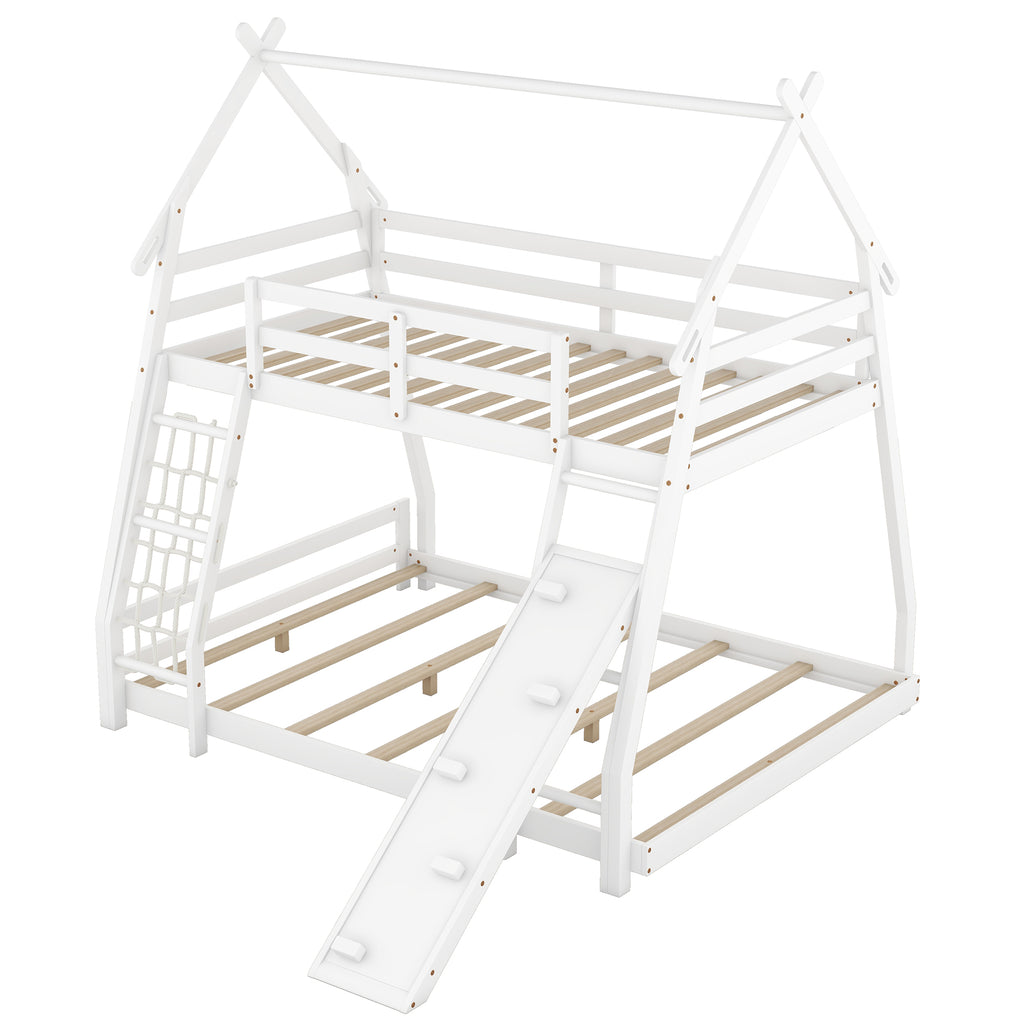 Twin Over Queen House Bunk Bed with Climbing Nets and Climbing Ramp