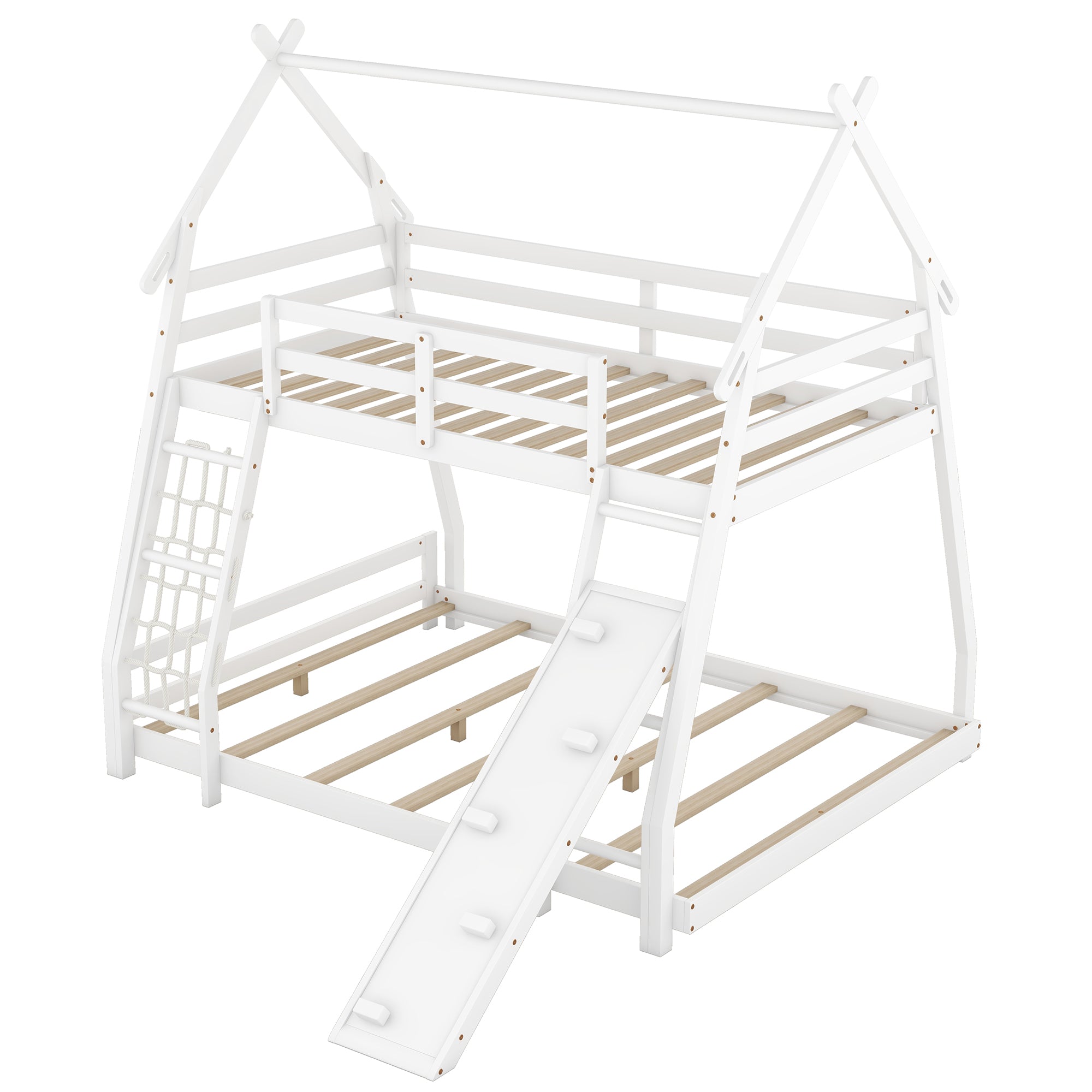 Twin Over Queen House Bunk Bed with Climbing Nets and Climbing Ramp