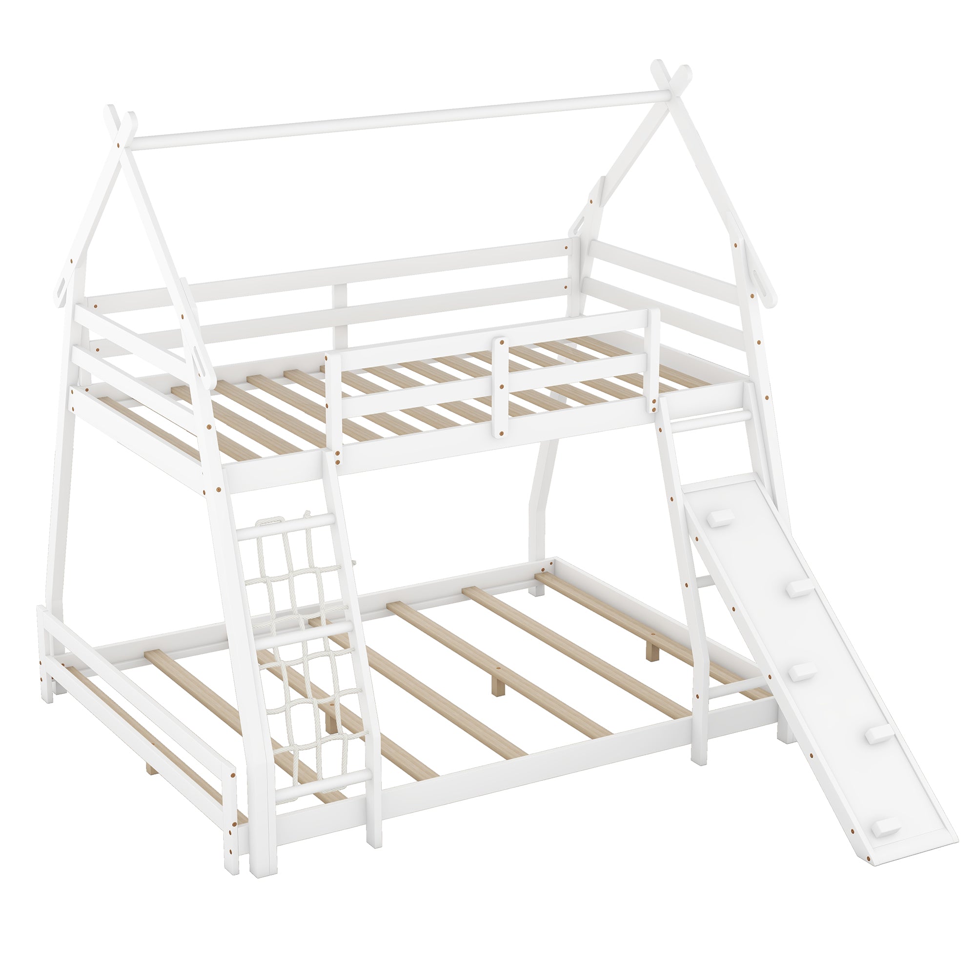 Twin Over Queen House Bunk Bed with Climbing Nets and Climbing Ramp