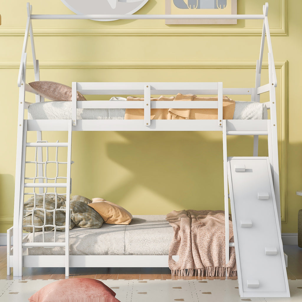 Twin Over Queen House Bunk Bed with Climbing Nets and Climbing Ramp