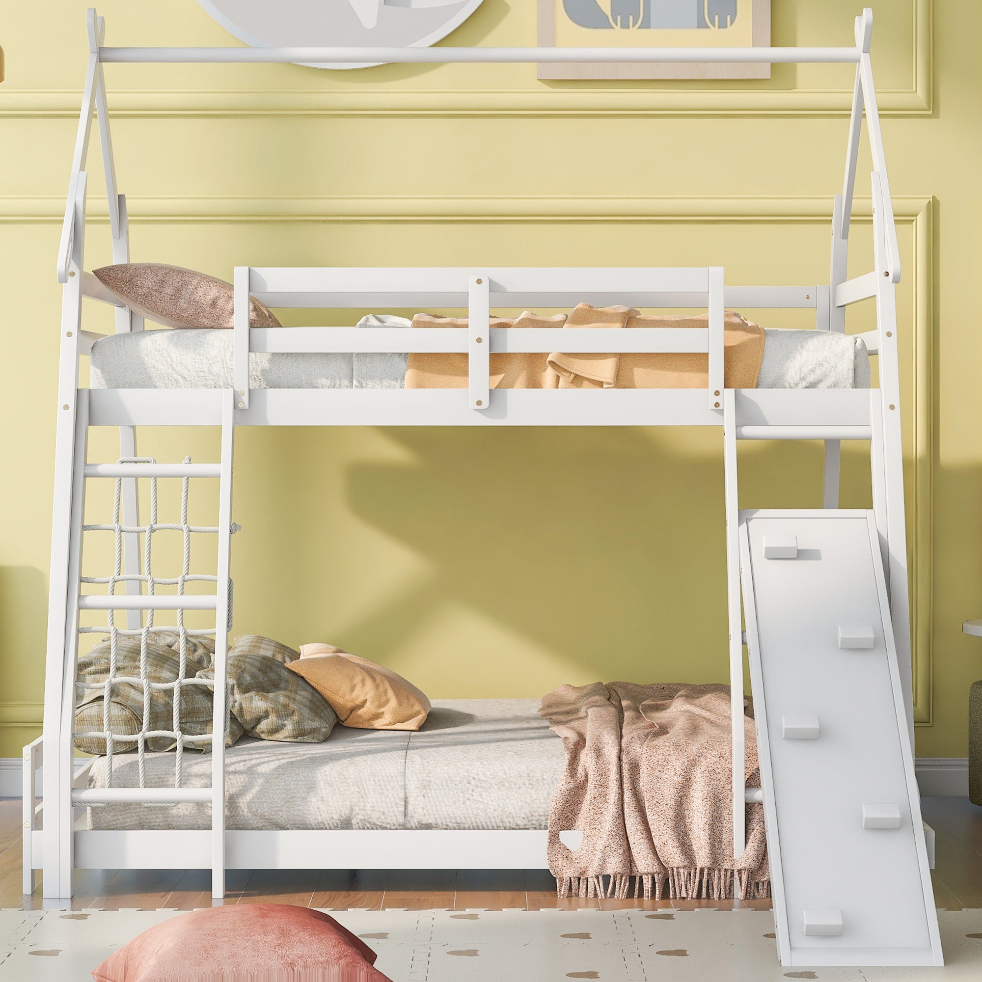 Twin Over Queen House Bunk Bed with Climbing Nets and Climbing Ramp