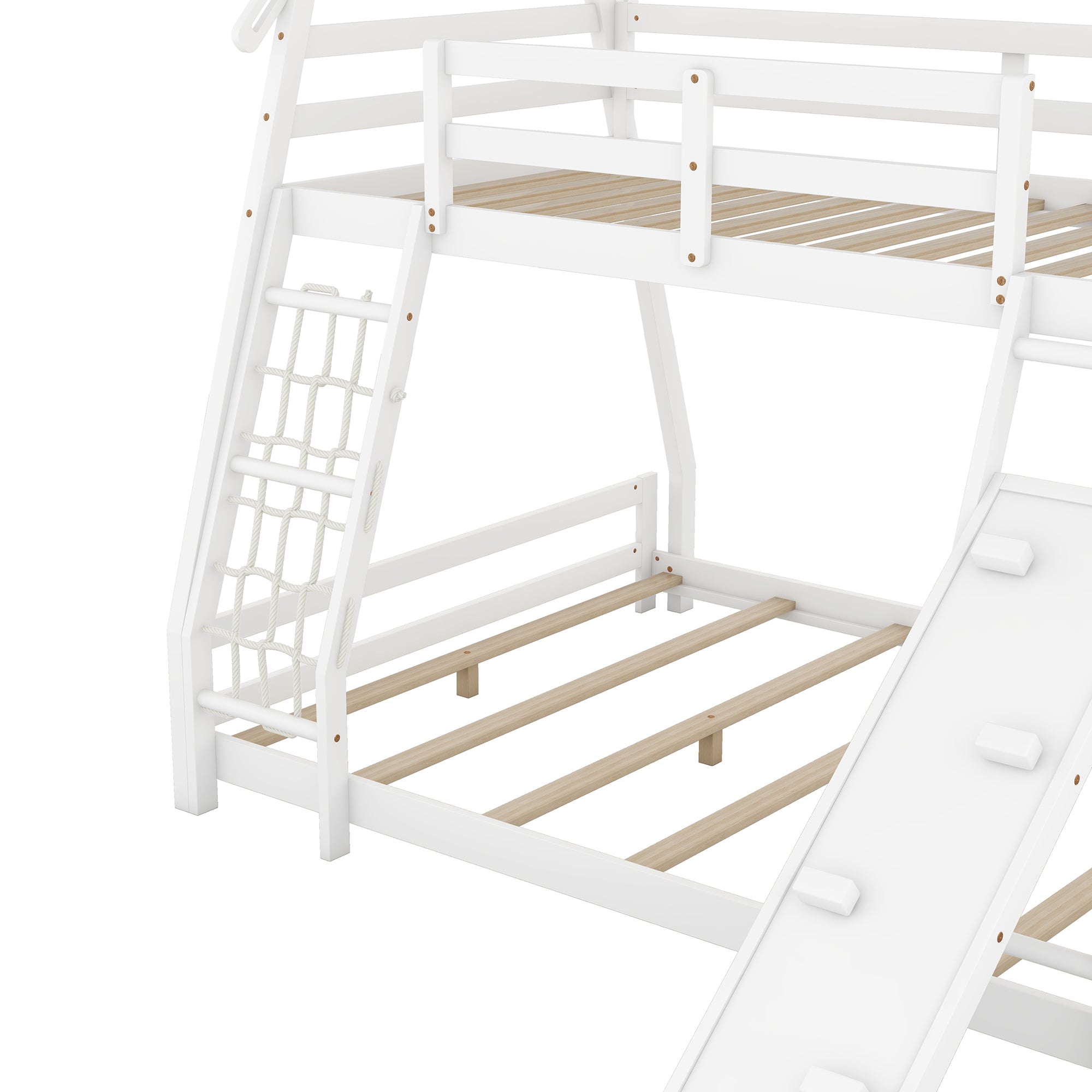 Twin Over Queen House Bunk Bed with Climbing Nets and Climbing Ramp