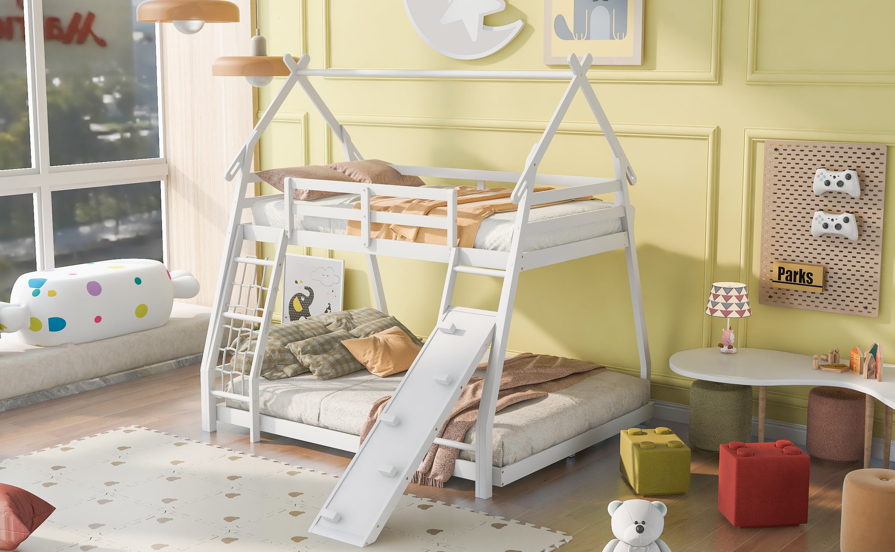 Twin Over Queen House Bunk Bed with Climbing Nets and Climbing Ramp