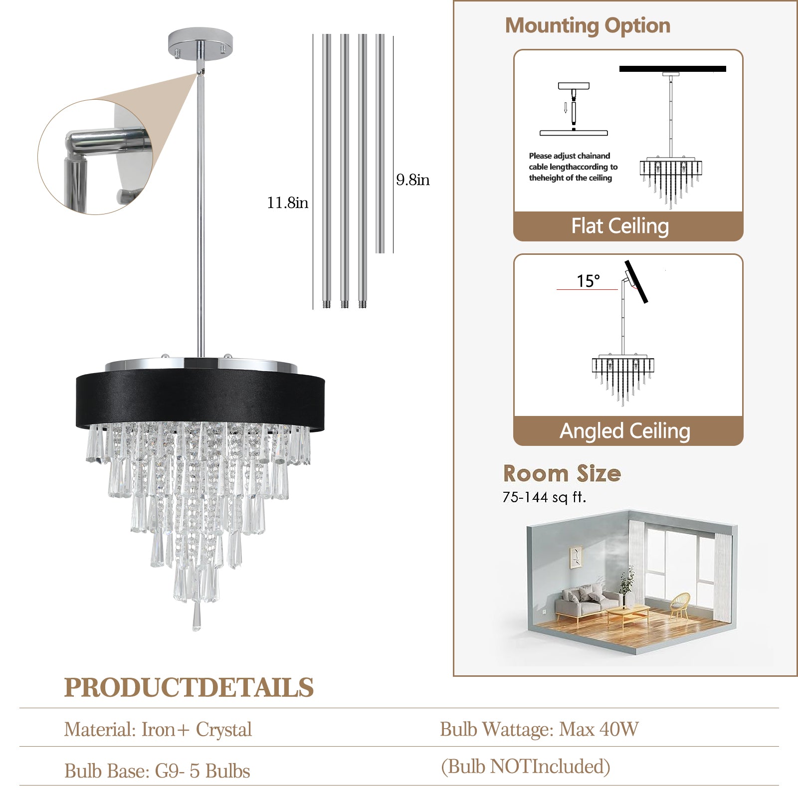 18-inch Modern Crystal Chandelier with Adjustable Height