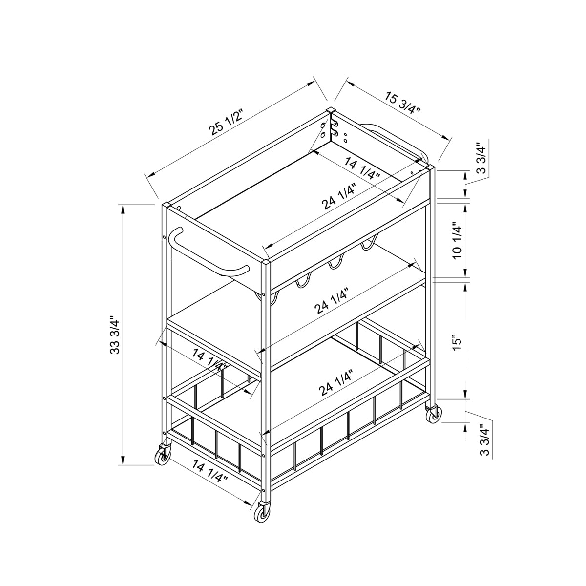 Rolling Kitchen Cart with Three Tiers and Four Wine Bottle Rack