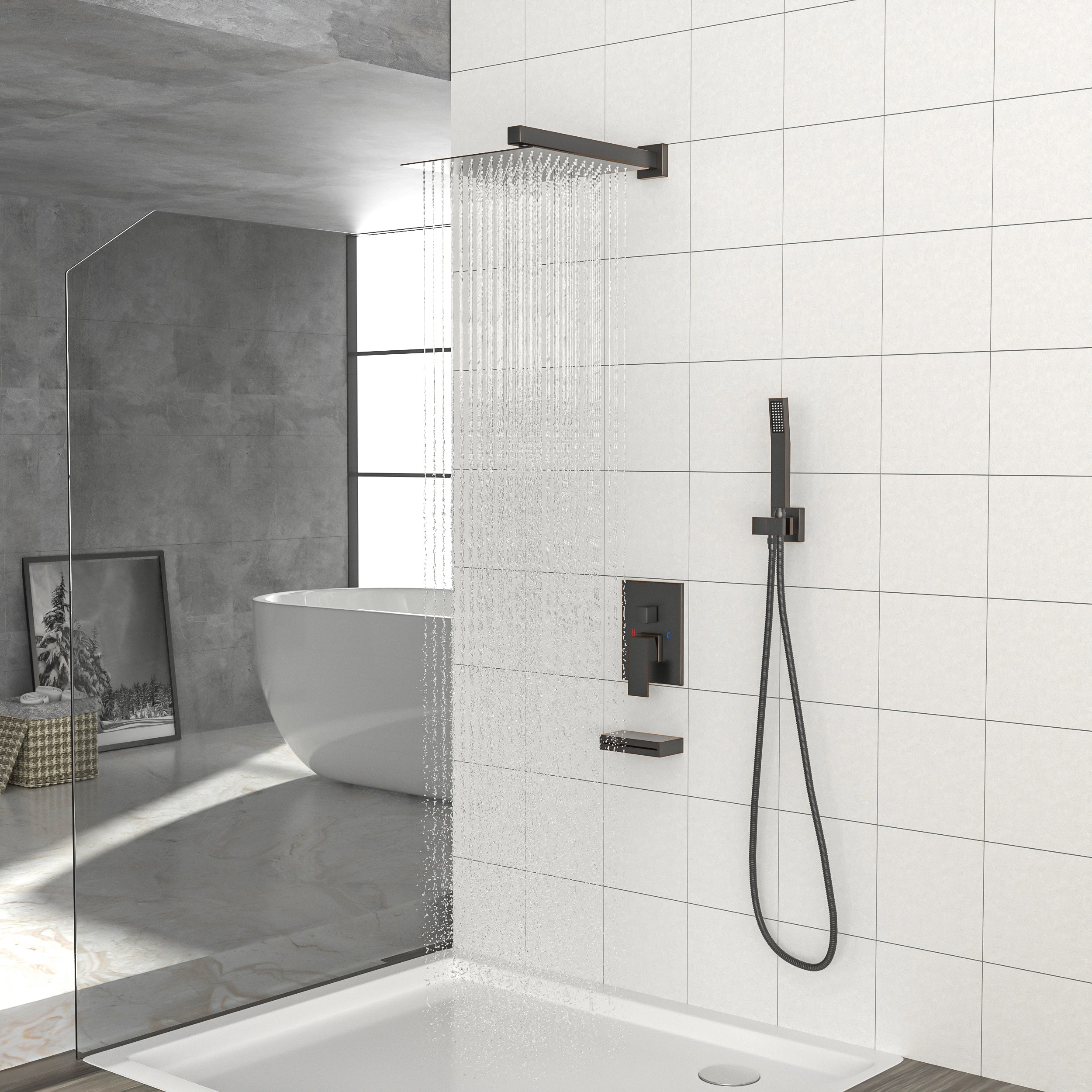 Shower System with Waterfall Tub Spout