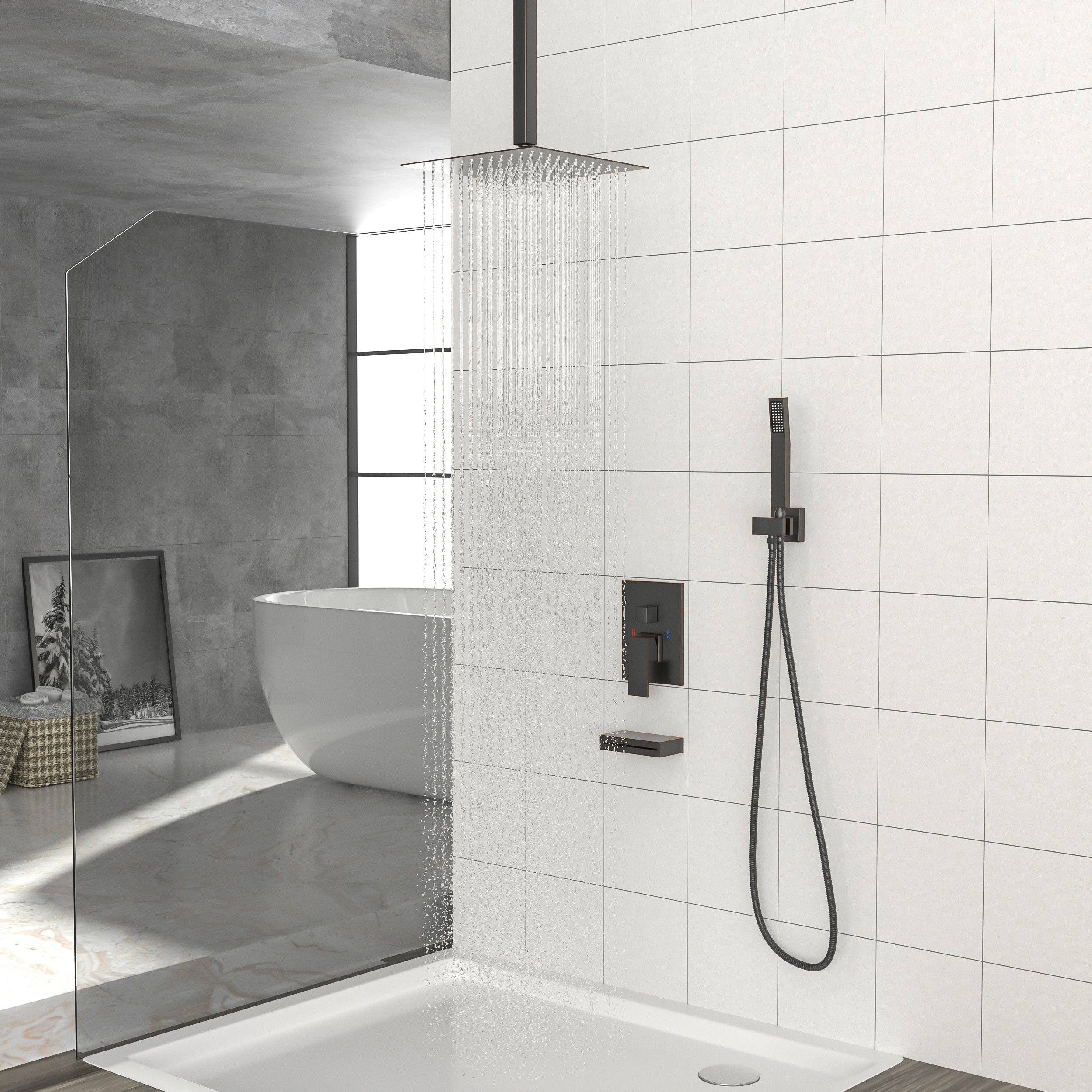 Shower System with Waterfall Tub Spout