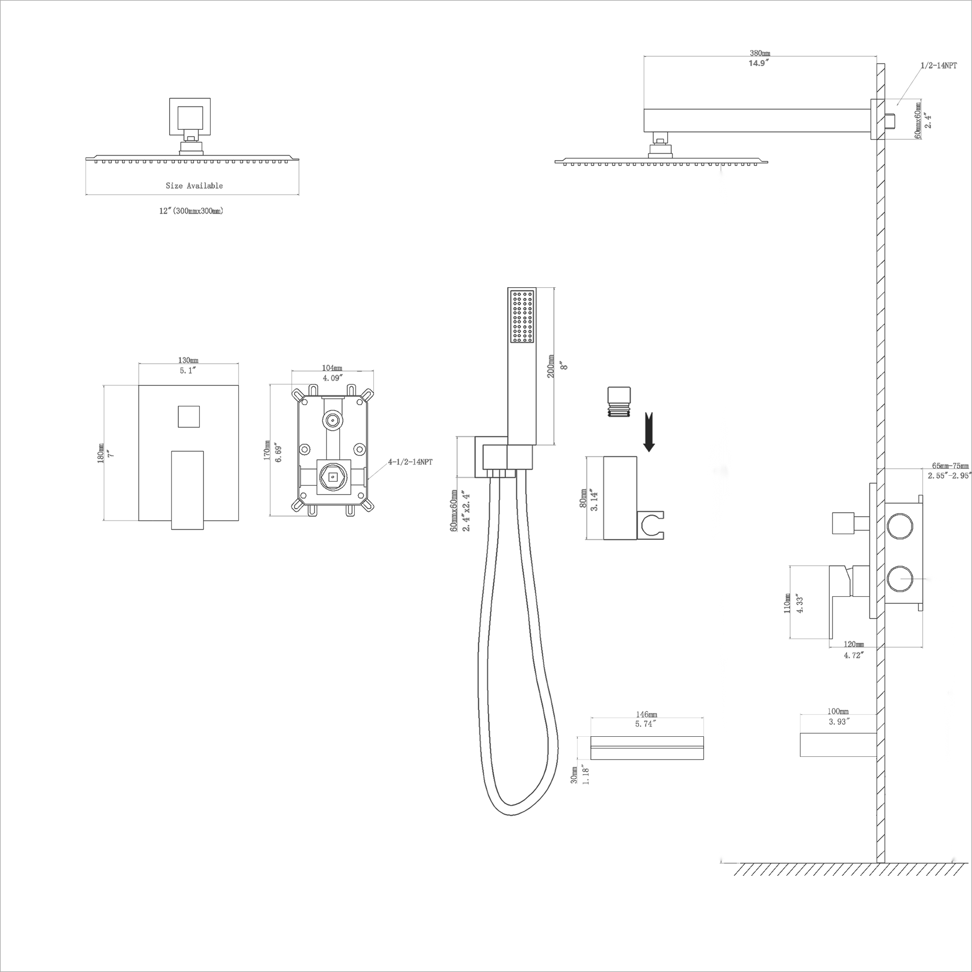 Shower System with Waterfall Tub Spout