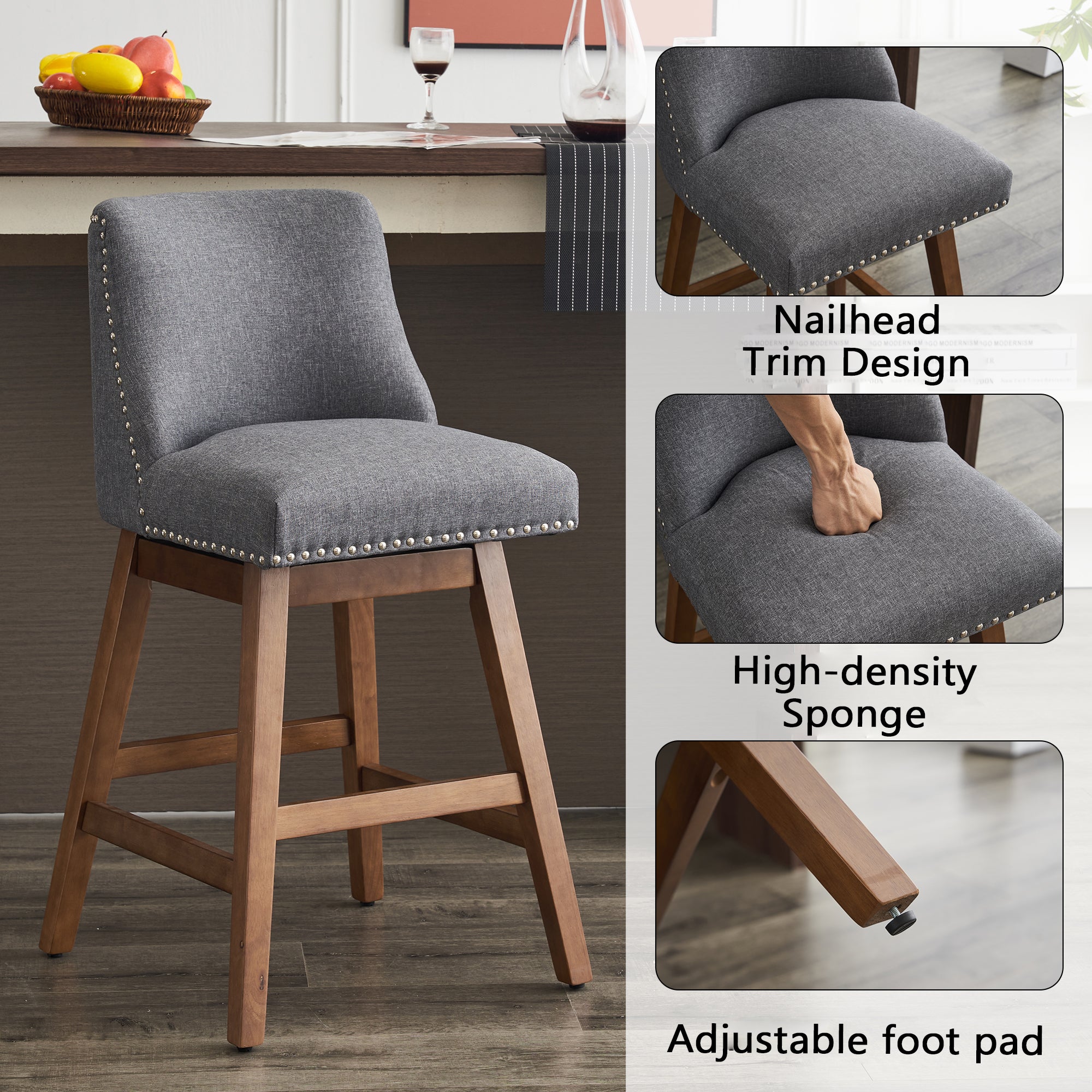 Upholstered Swivel Bar Stools Set of 2, 26" Counter Height