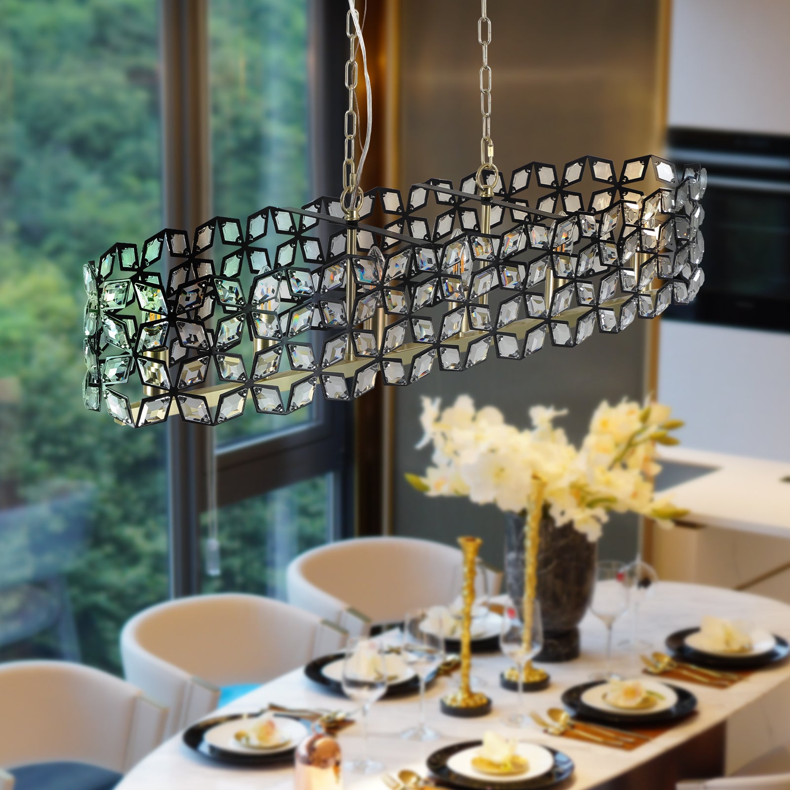 39" Contemporary Crystal and BlackGold Pendant Chandelier