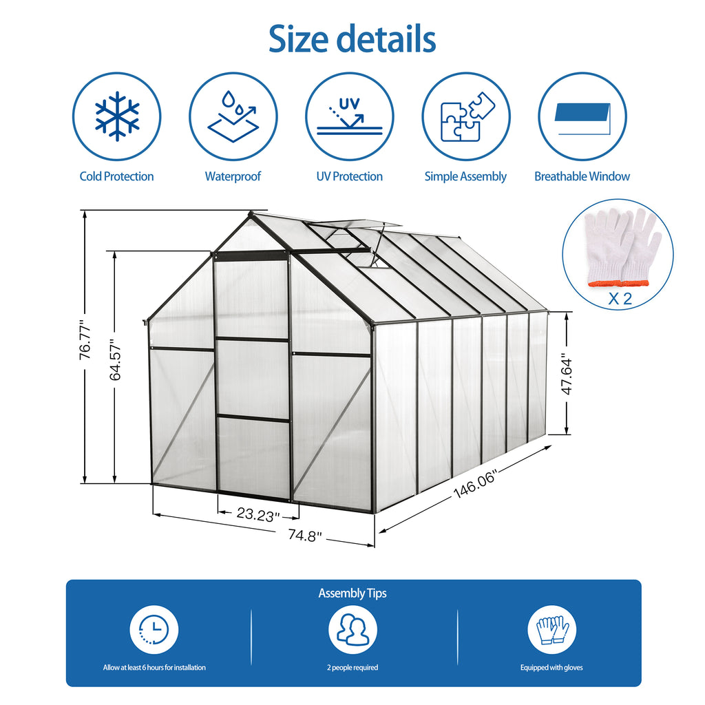 6x12 FT Polycarbonate Greenhouse with Raised Base