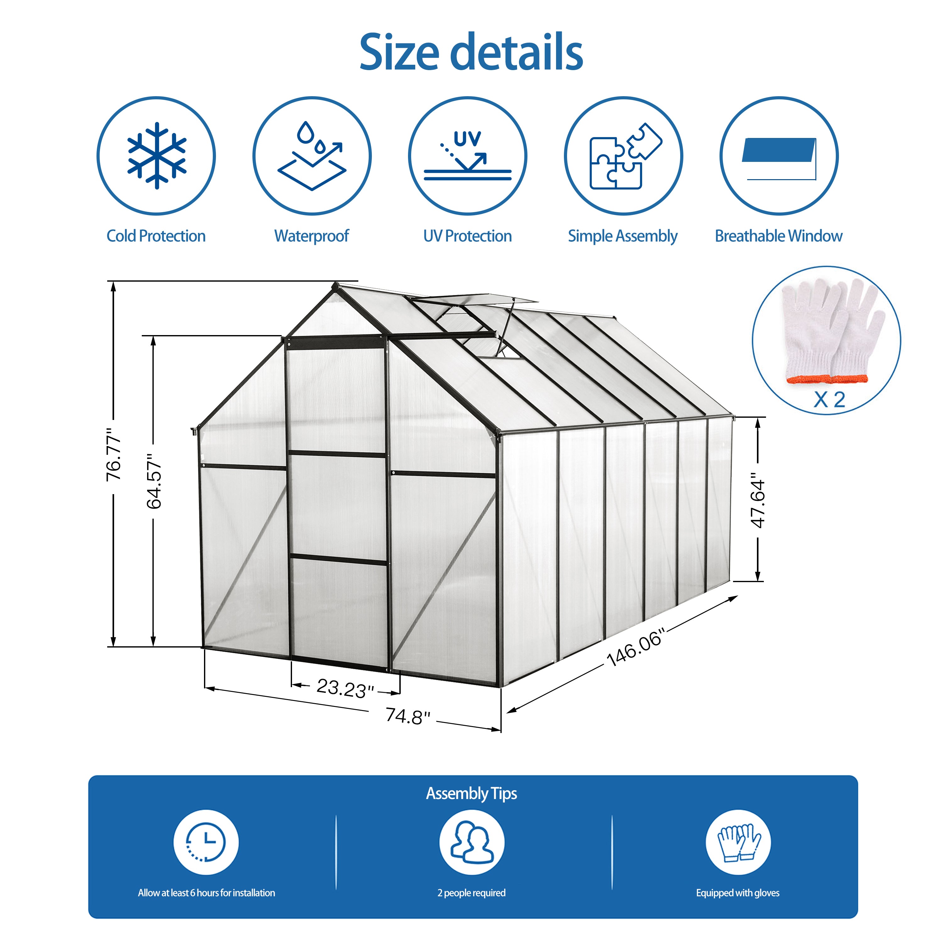6x12 FT Polycarbonate Greenhouse with Raised Base