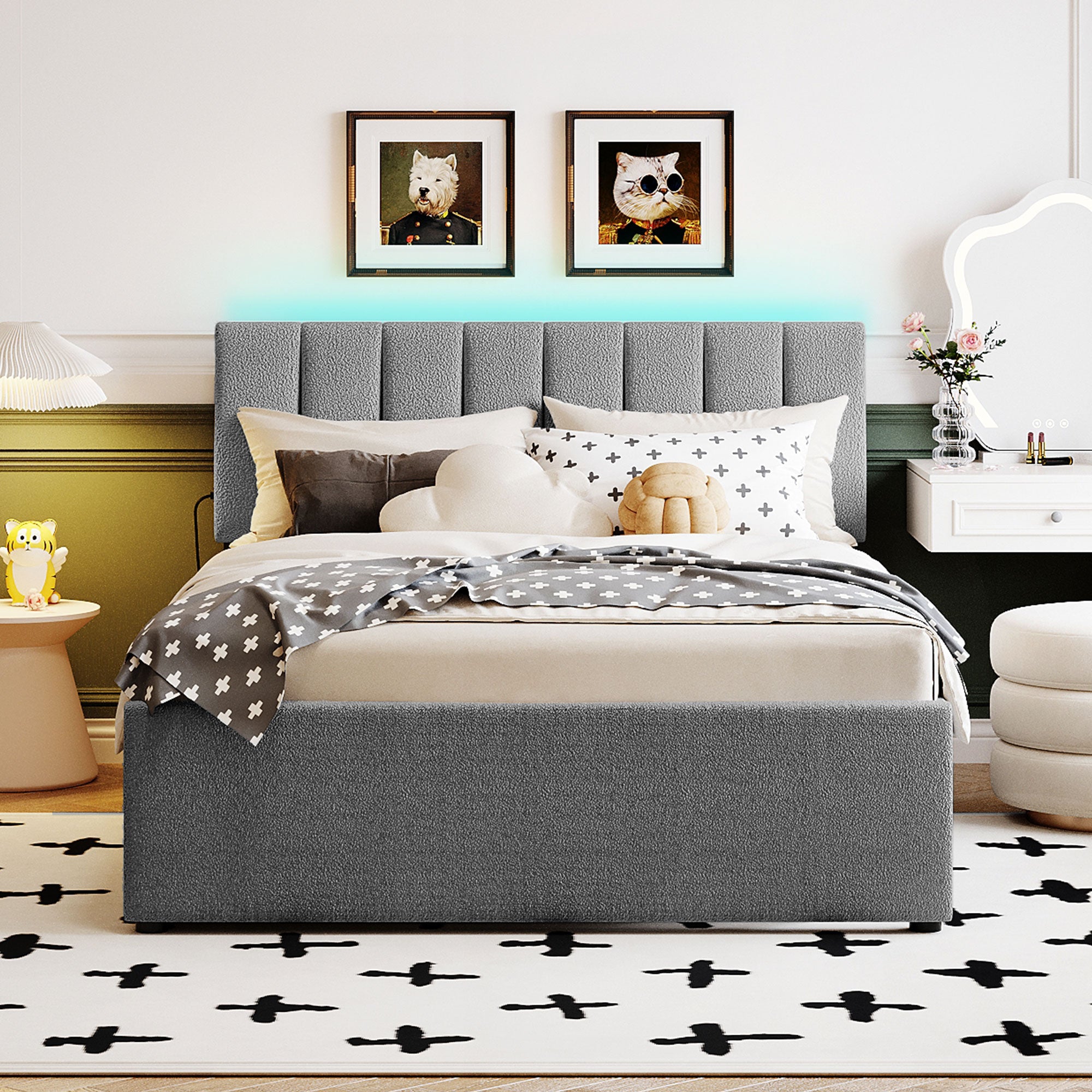 Teddy Fleece Full Size Upholstered Platform Bed with Twin Size Trundle