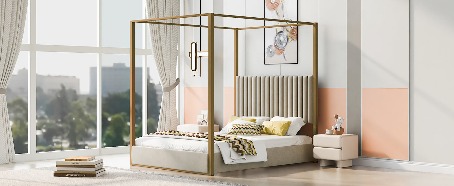 Queen Size Upholstery Canopy Platform Bed with Headboard