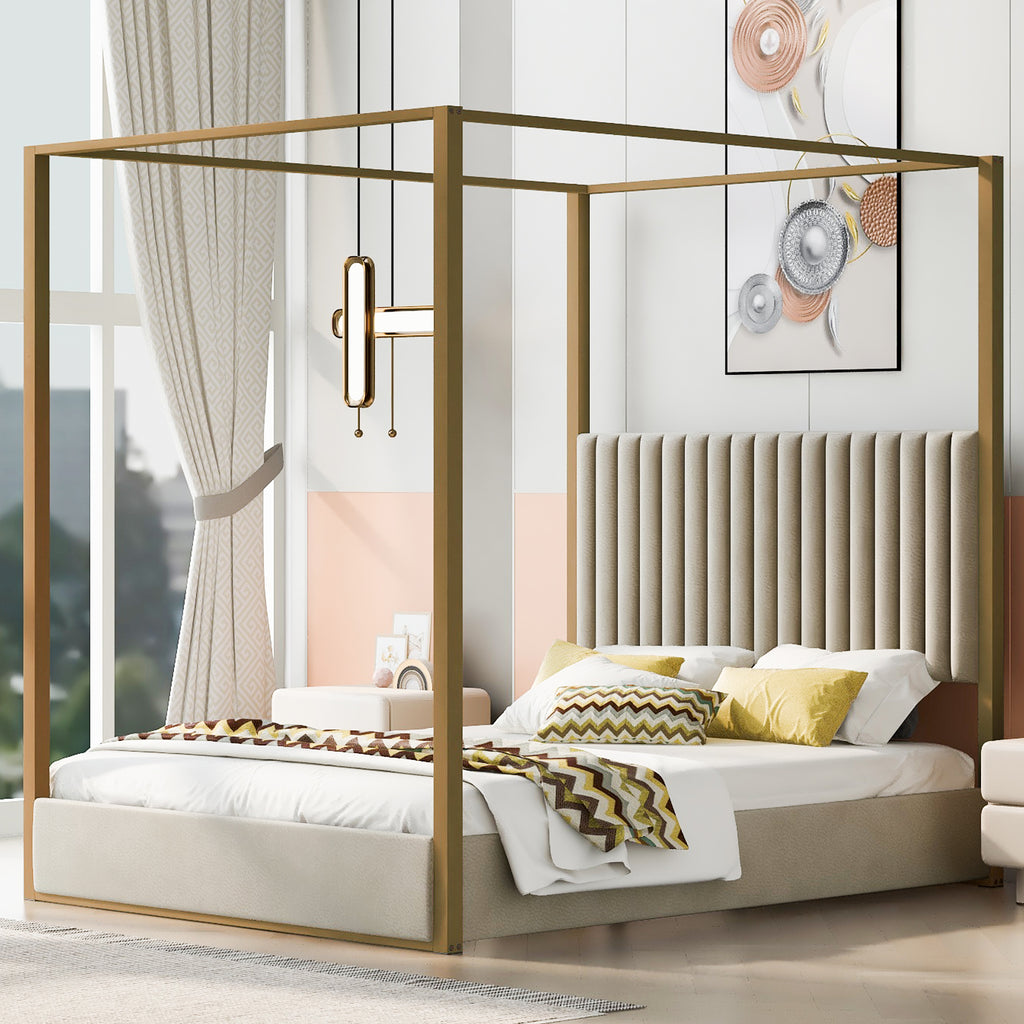 Queen Size Upholstery Canopy Platform Bed with Headboard