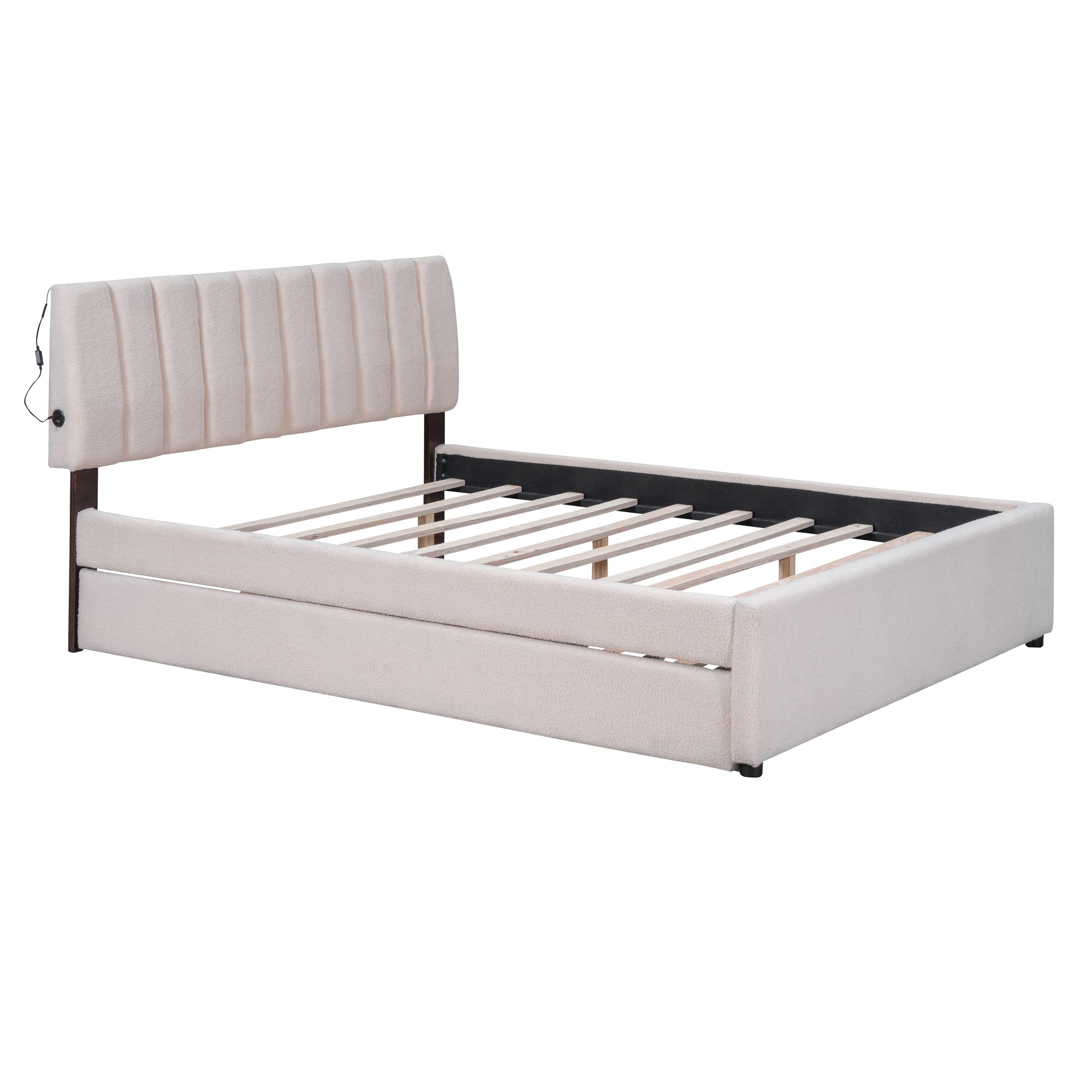 Teddy Fleece Queen Size Upholstered Platform Bed with Twin XL Trundle