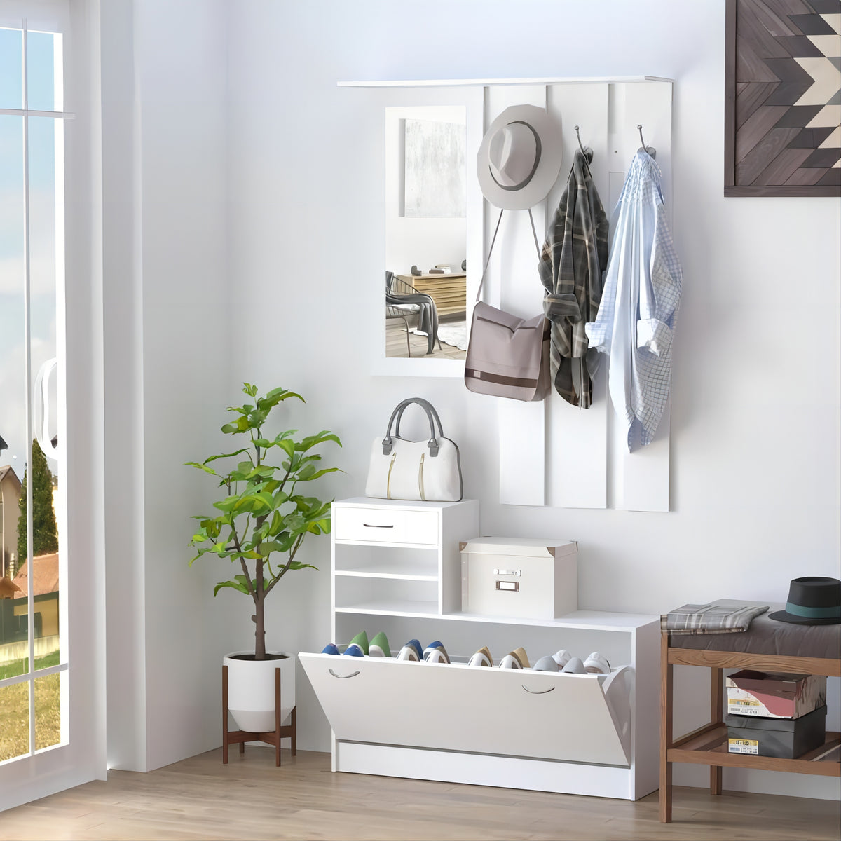 Combination Model Gate Cabinet with Shoe Cabinet, Hang Shelf, and Mirror