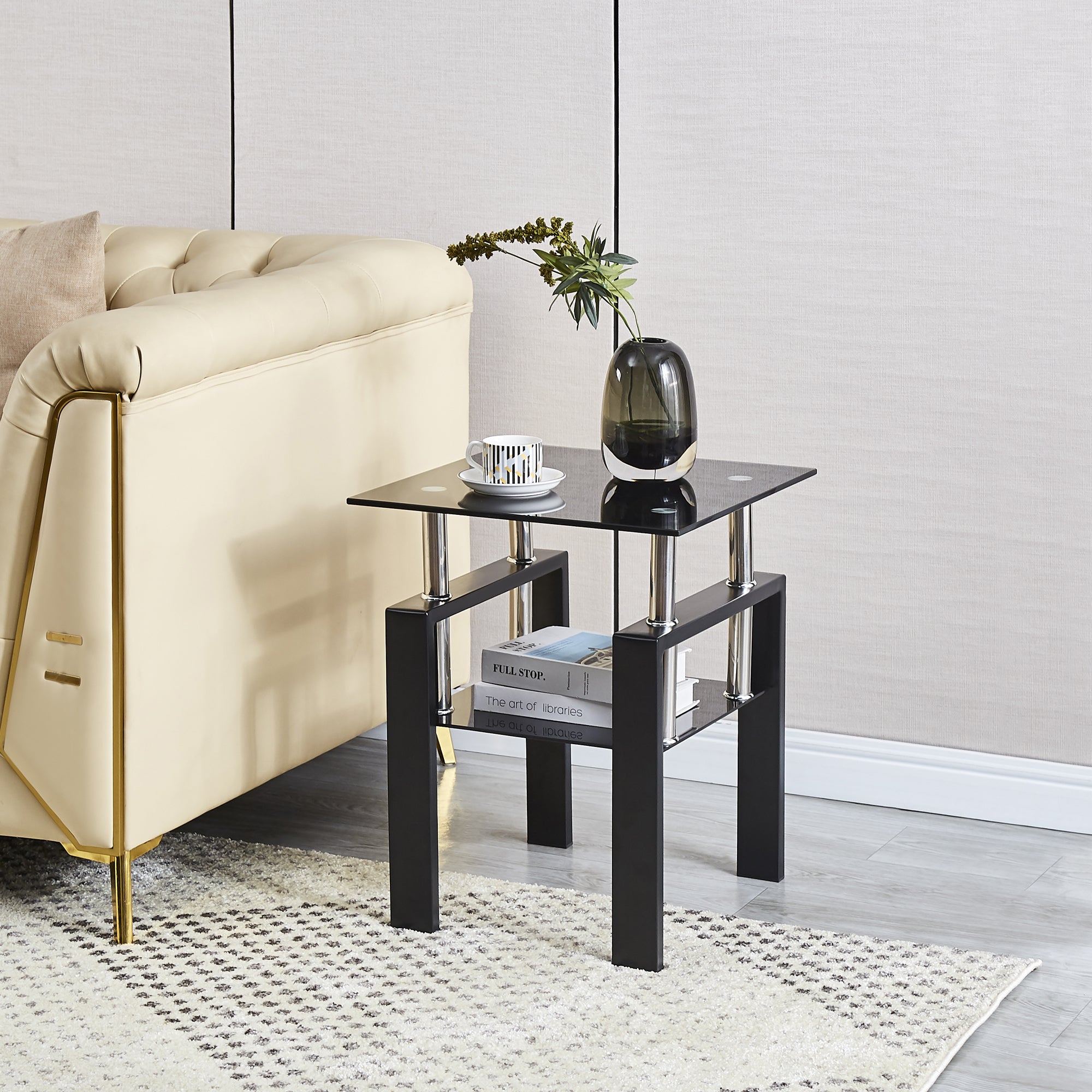 2-Piece Tempered Black Glass Sofa Table Set