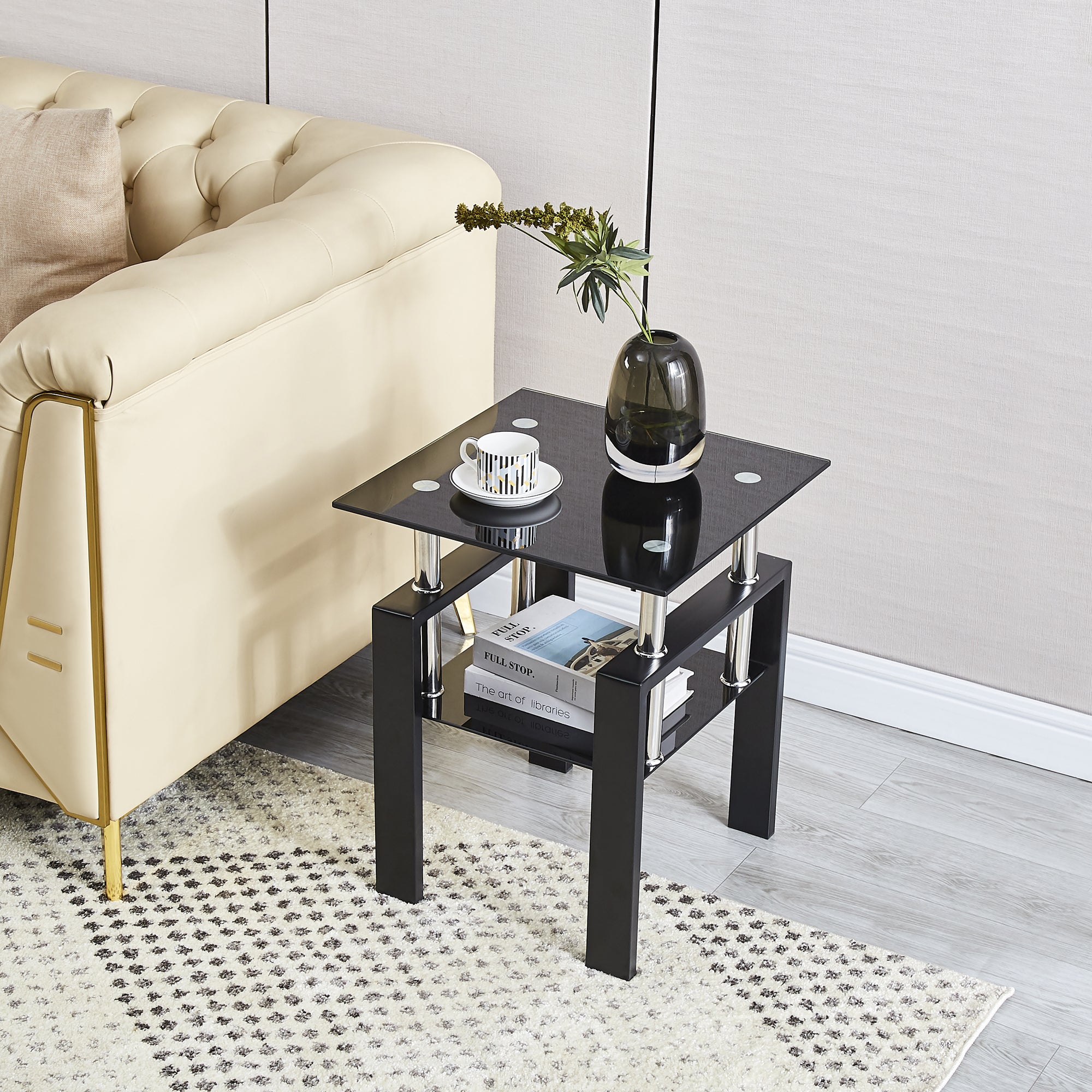 2-Piece Tempered Black Glass Sofa Table Set