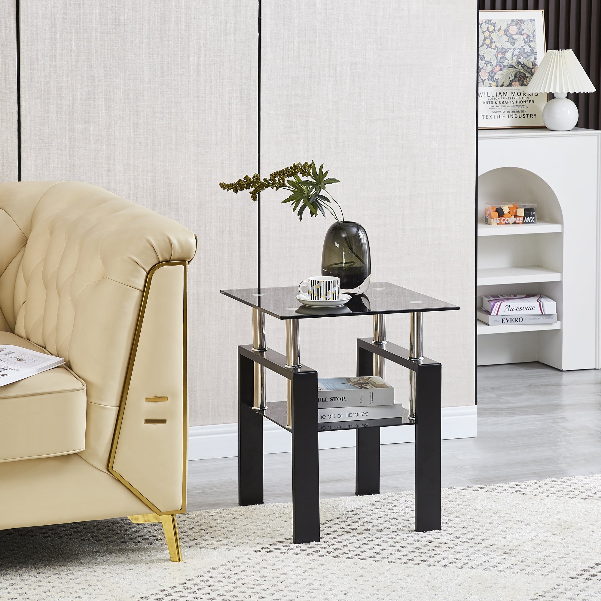 2-Piece Tempered Black Glass Sofa Table Set