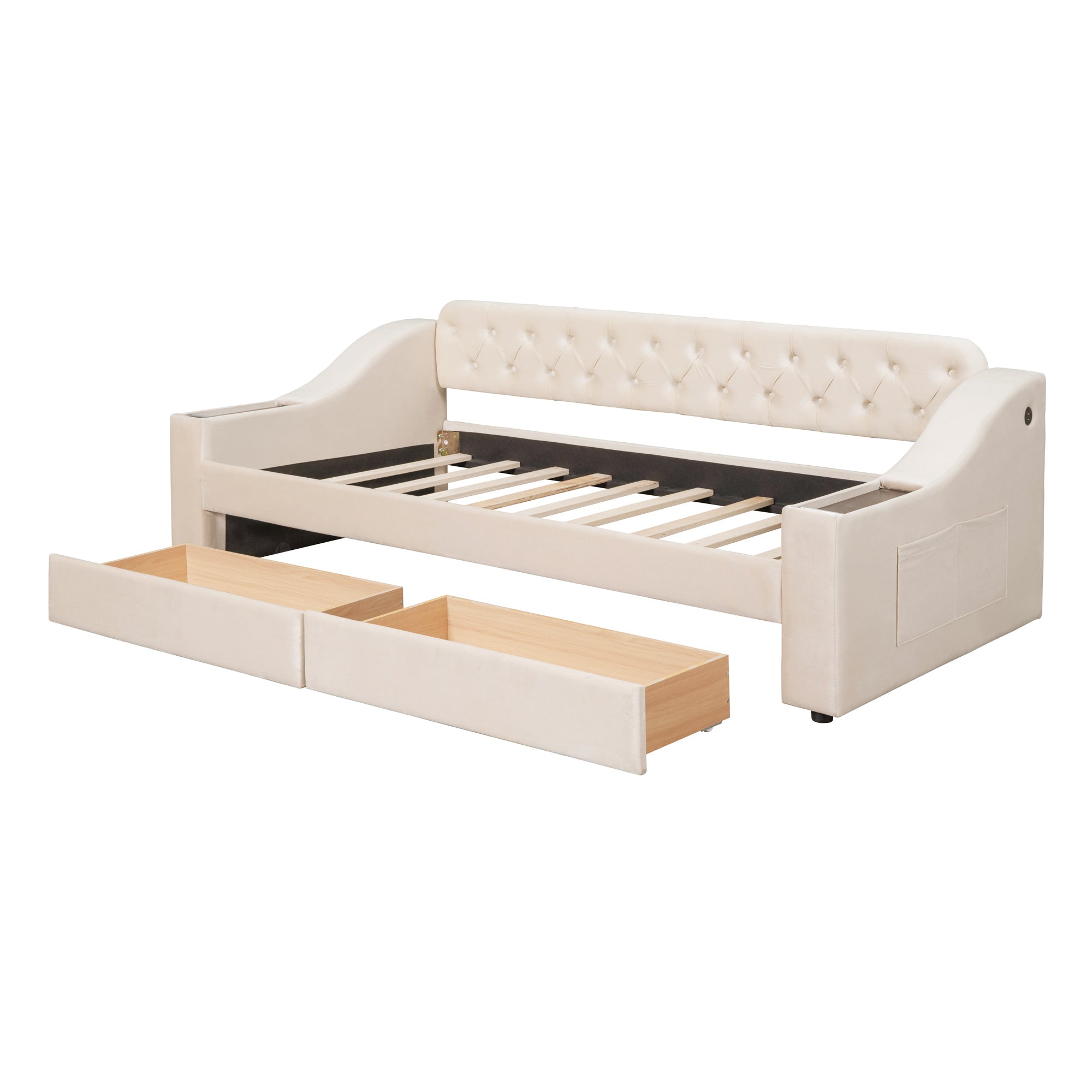 Twin Size Upholstered Daybed With Storage Armrests and USB Port