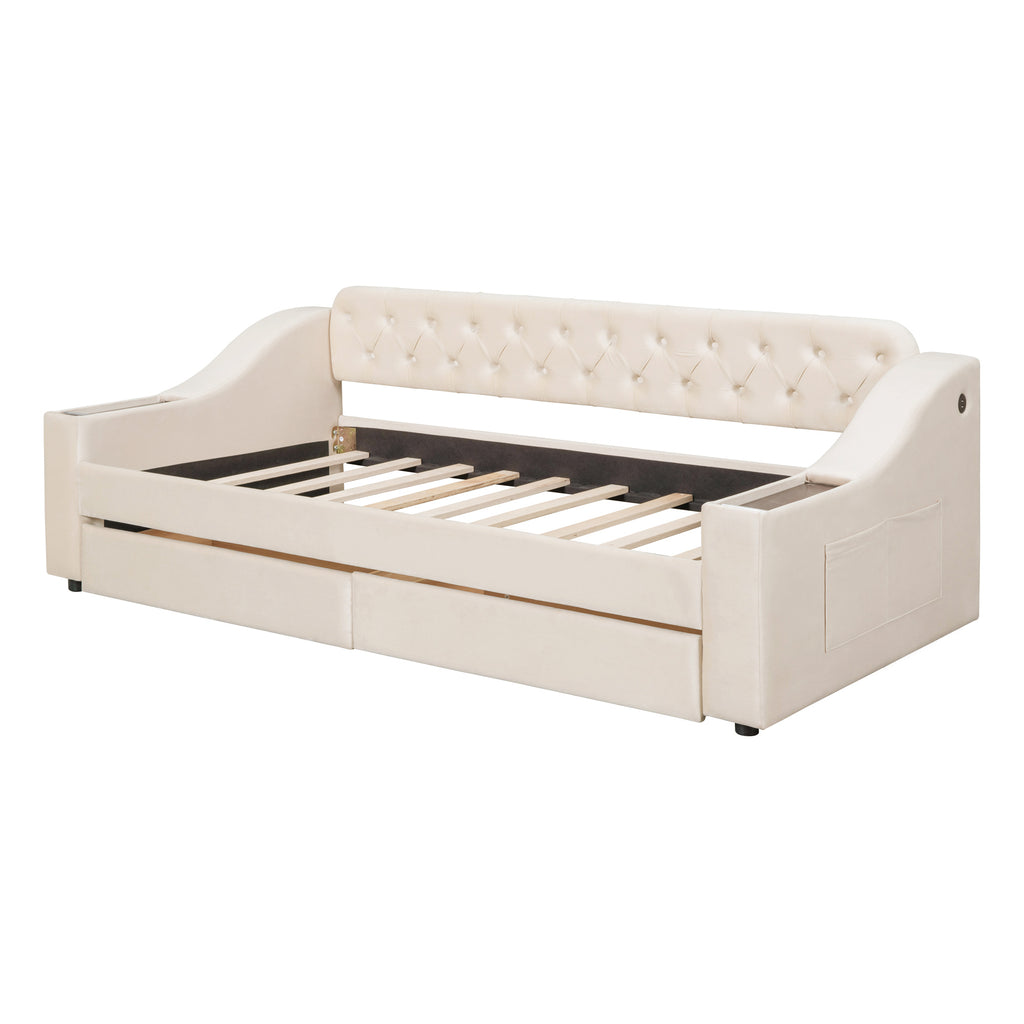 Twin Size Upholstered Daybed With Storage Armrests and USB Port