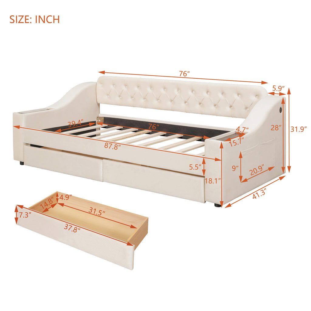 Twin Size Upholstered Daybed With Storage Armrests and USB Port