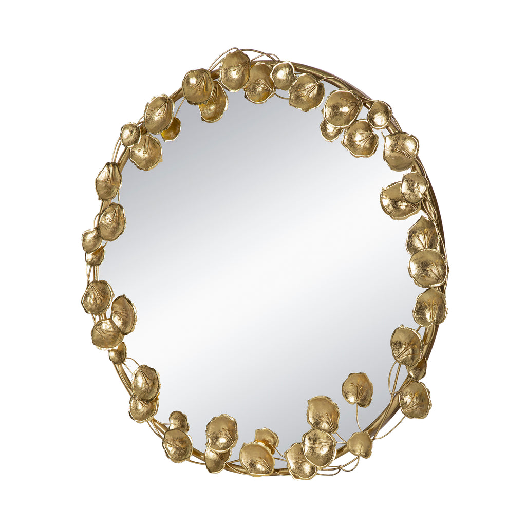 35" Round Metal Wall Mirror with Golden Leaf Accents