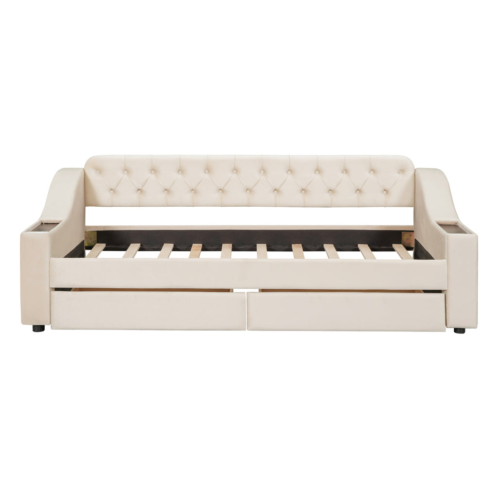 Twin Size Upholstered Daybed With Storage Armrests and USB Port