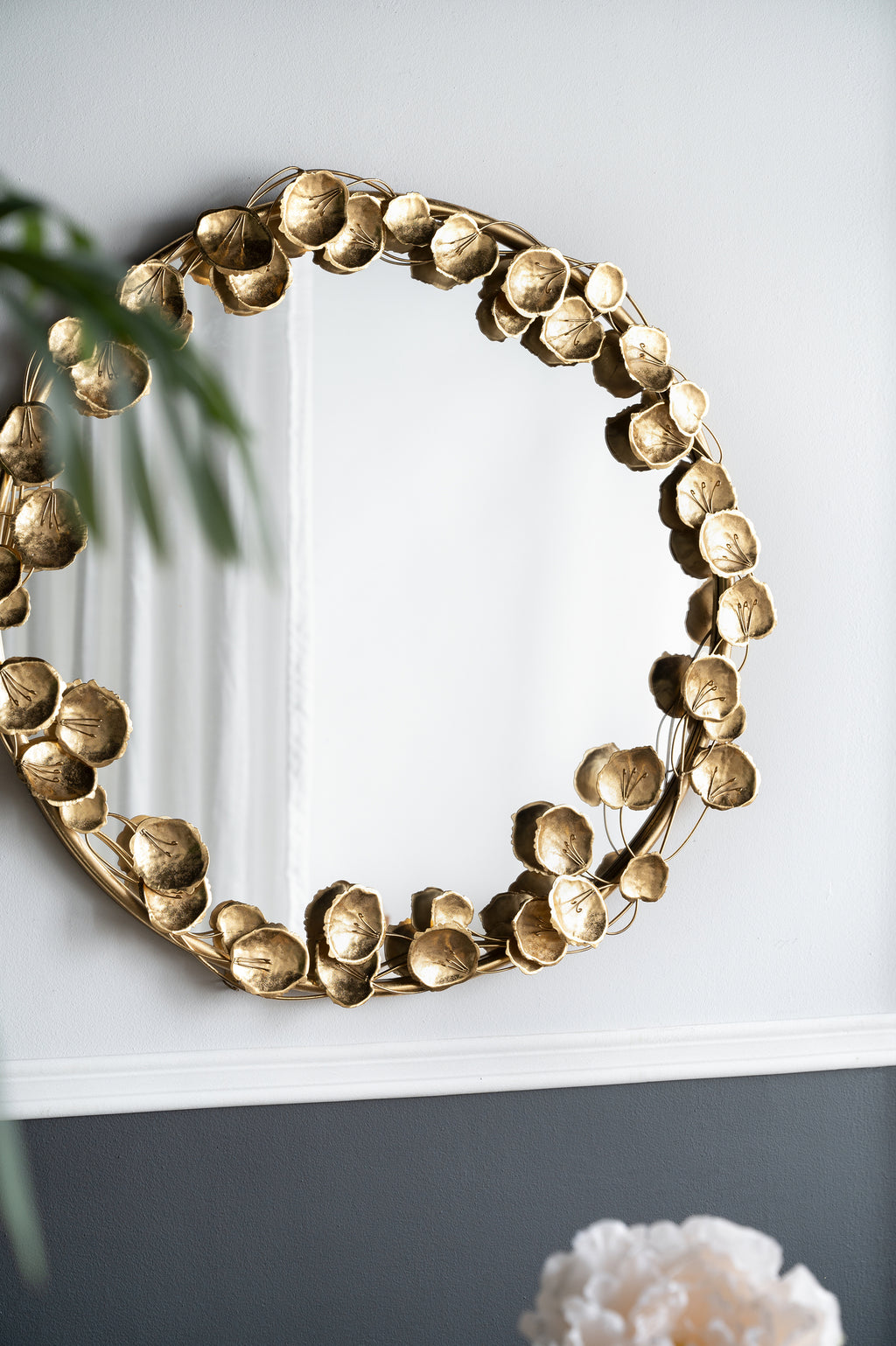 35" Round Metal Wall Mirror with Golden Leaf Accents