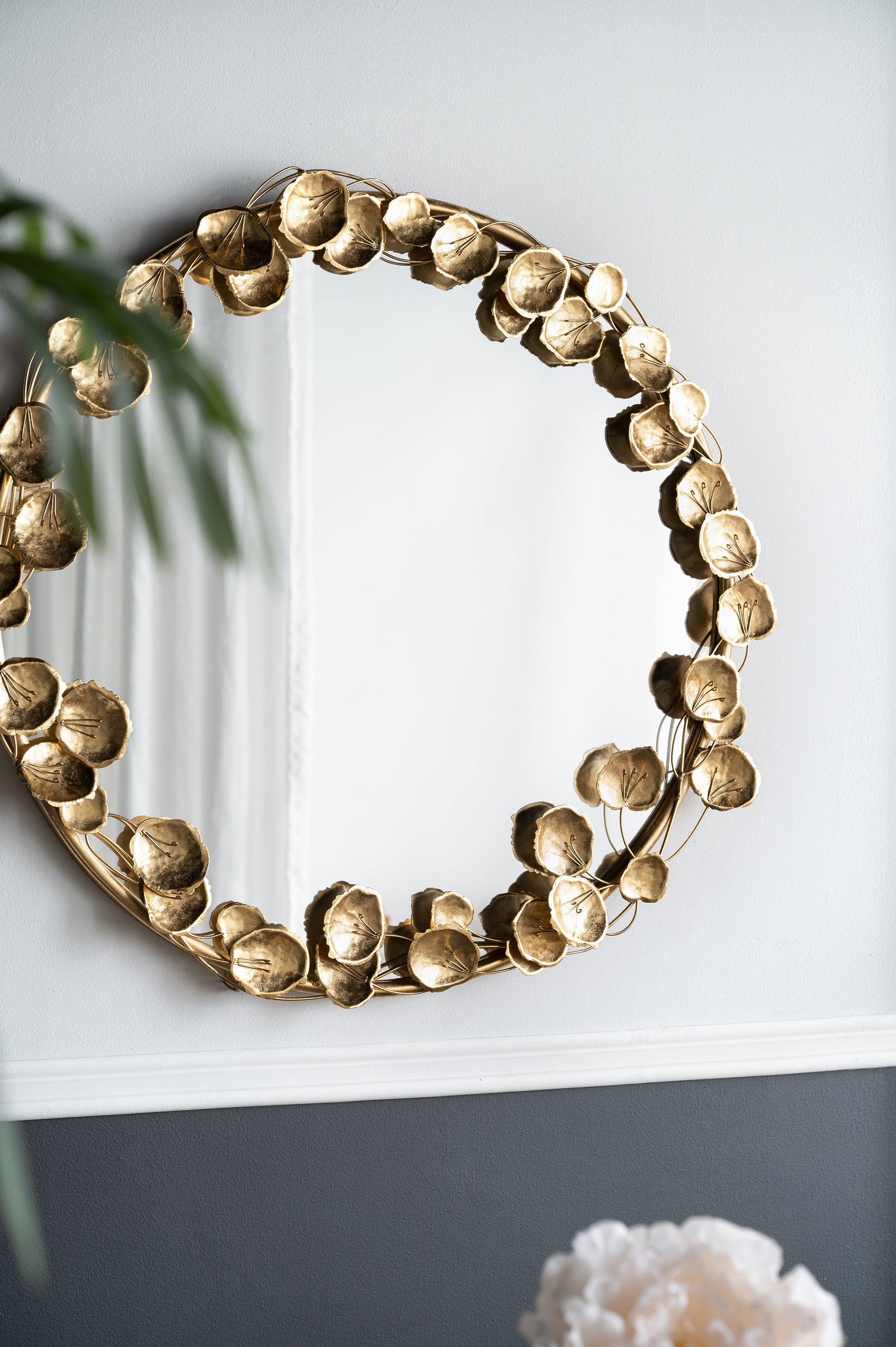 35" Round Metal Wall Mirror with Golden Leaf Accents