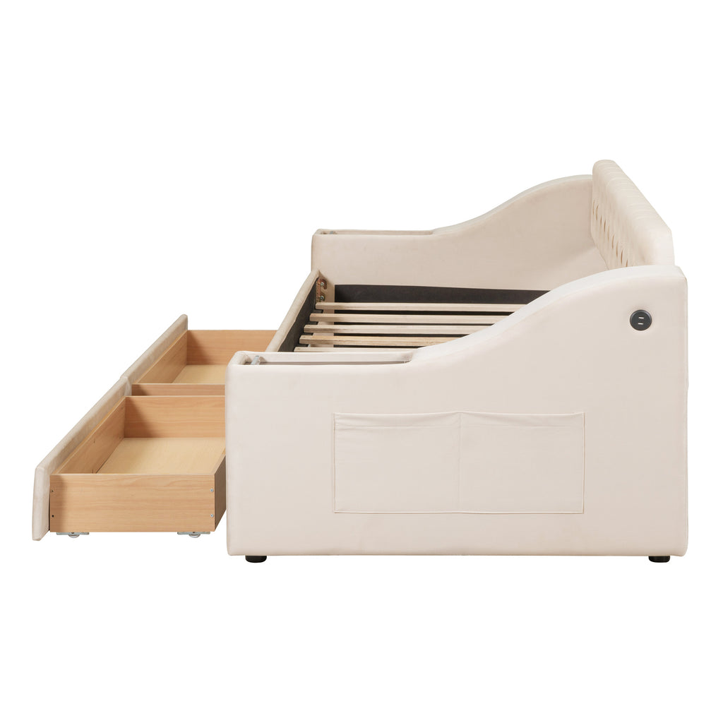 Twin Size Upholstered Daybed With Storage Armrests and USB Port