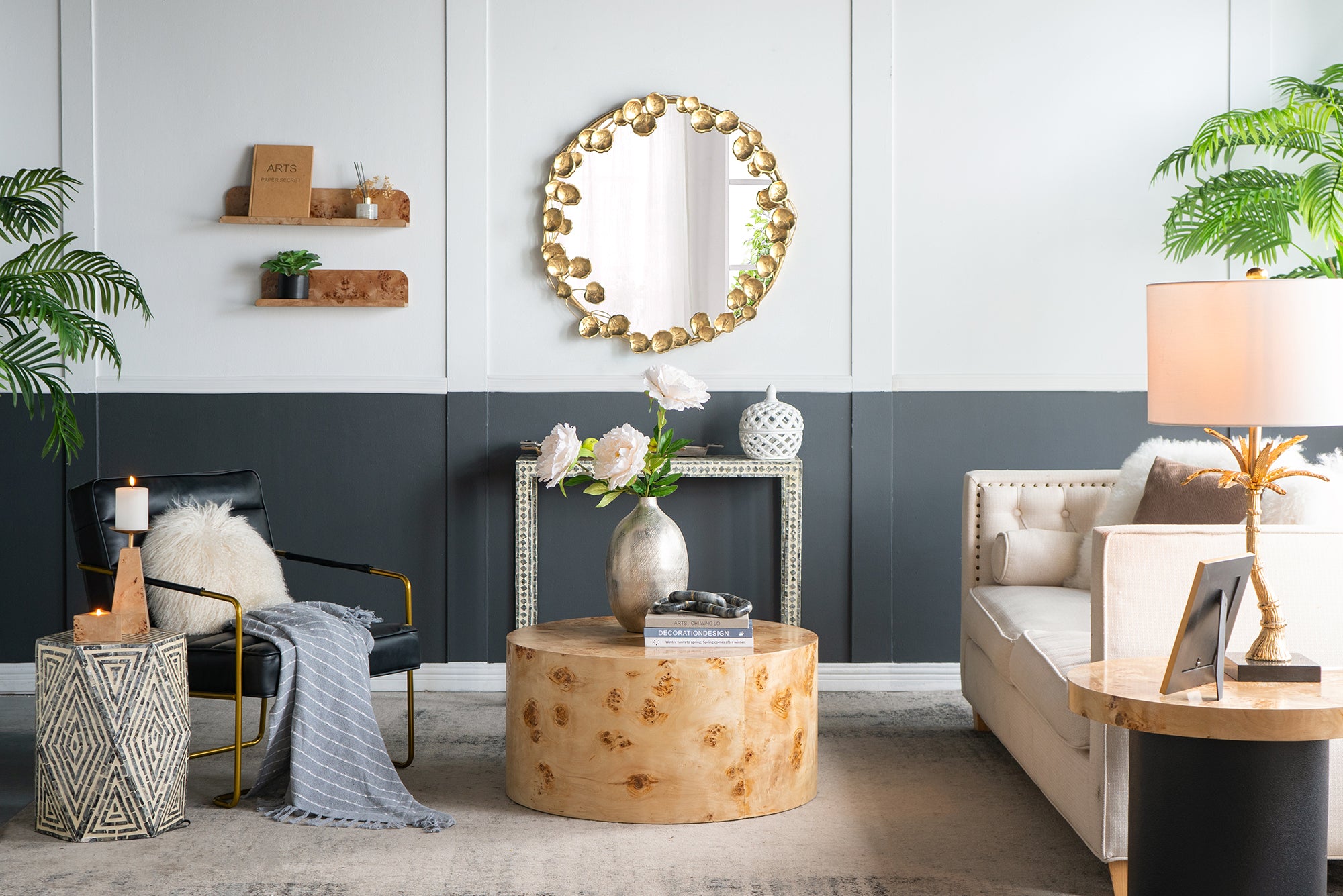 35" Round Metal Wall Mirror with Golden Leaf Accents