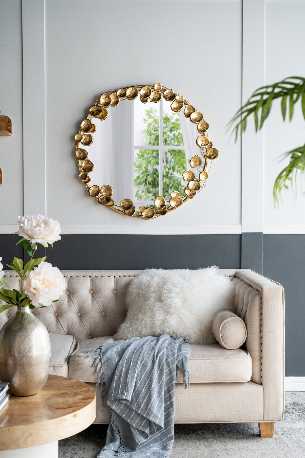 35" Round Metal Wall Mirror with Golden Leaf Accents