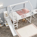 Twin Size Wood House Loft Bed with Slide, Storage Shelves, and Light
