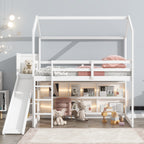 Twin Size Wood House Loft Bed with Slide, Storage Shelves, and Light